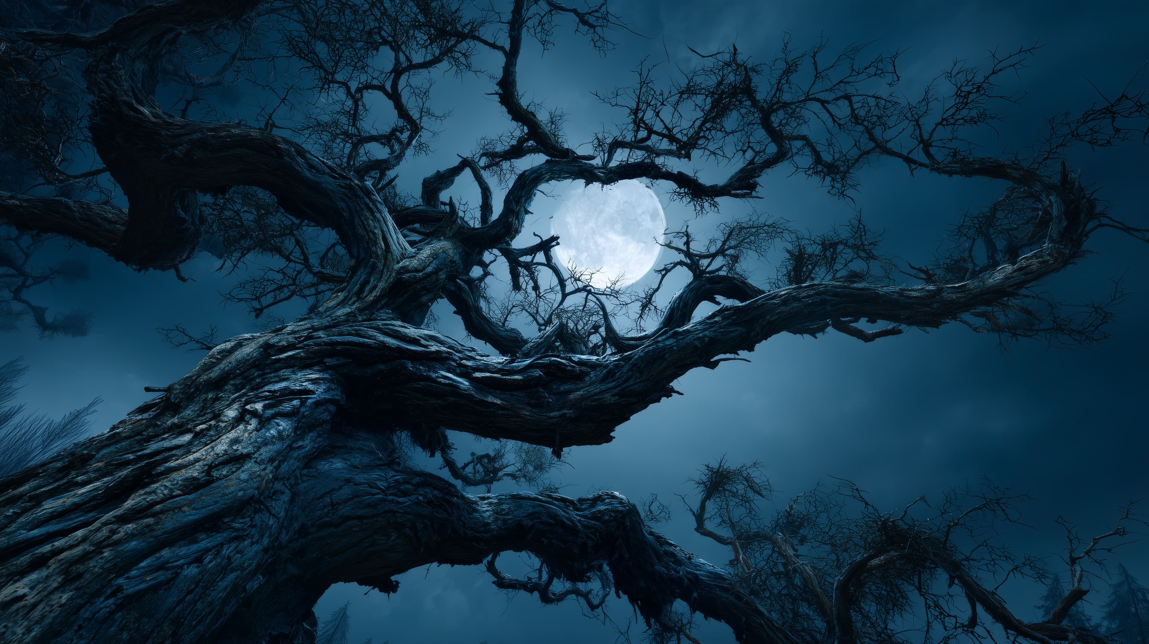 Moonlit Gnarled Tree Nightscape Wallpaper with Full Moon - High Resolution atmospheric-background Wallpaper for Mobile and Desktop