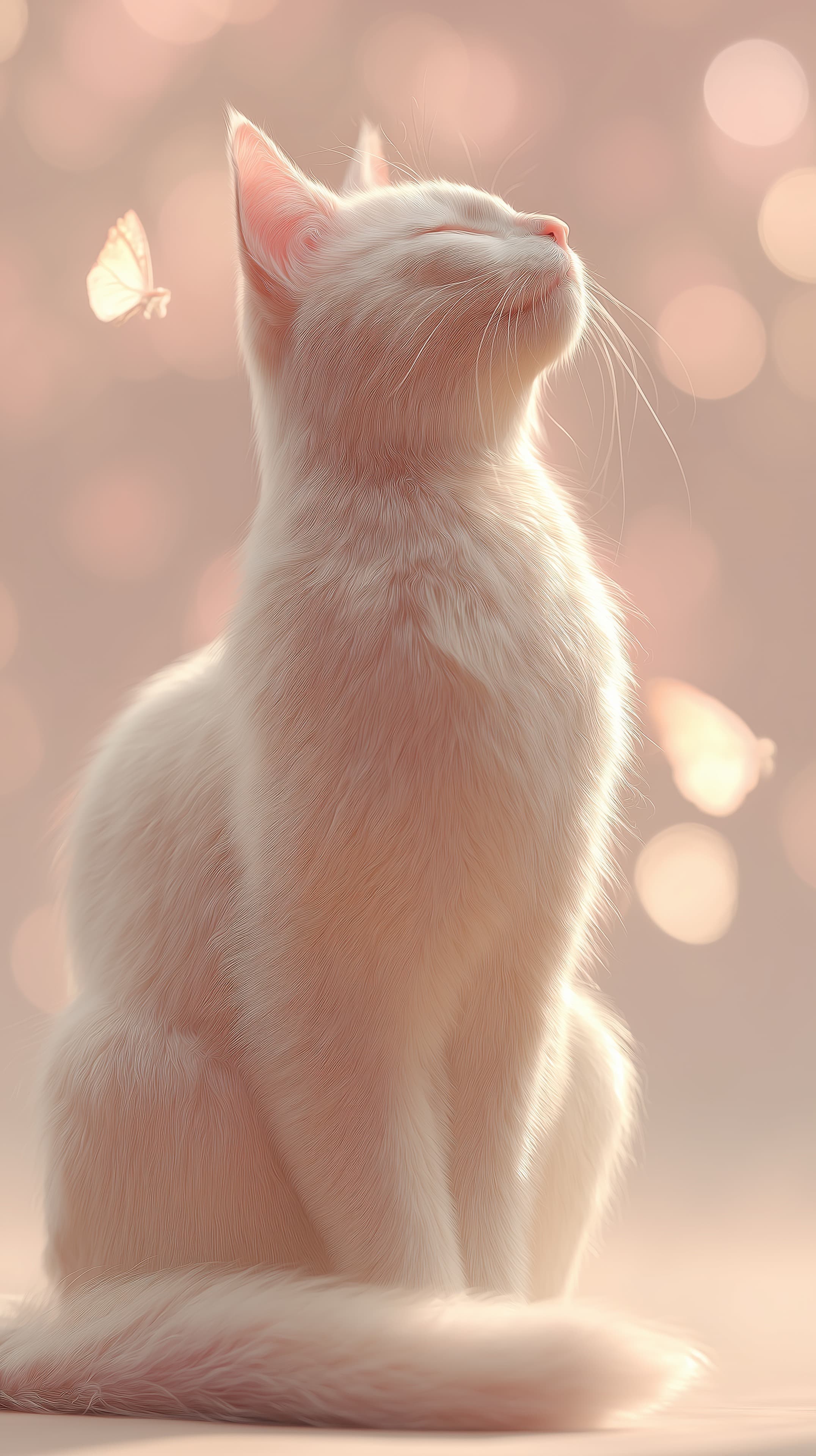 Serene Cream Cat with Butterfly in Soft Pink Bokeh Wallpaper - High Resolution animal-wallpaper Wallpaper for Mobile and Desktop