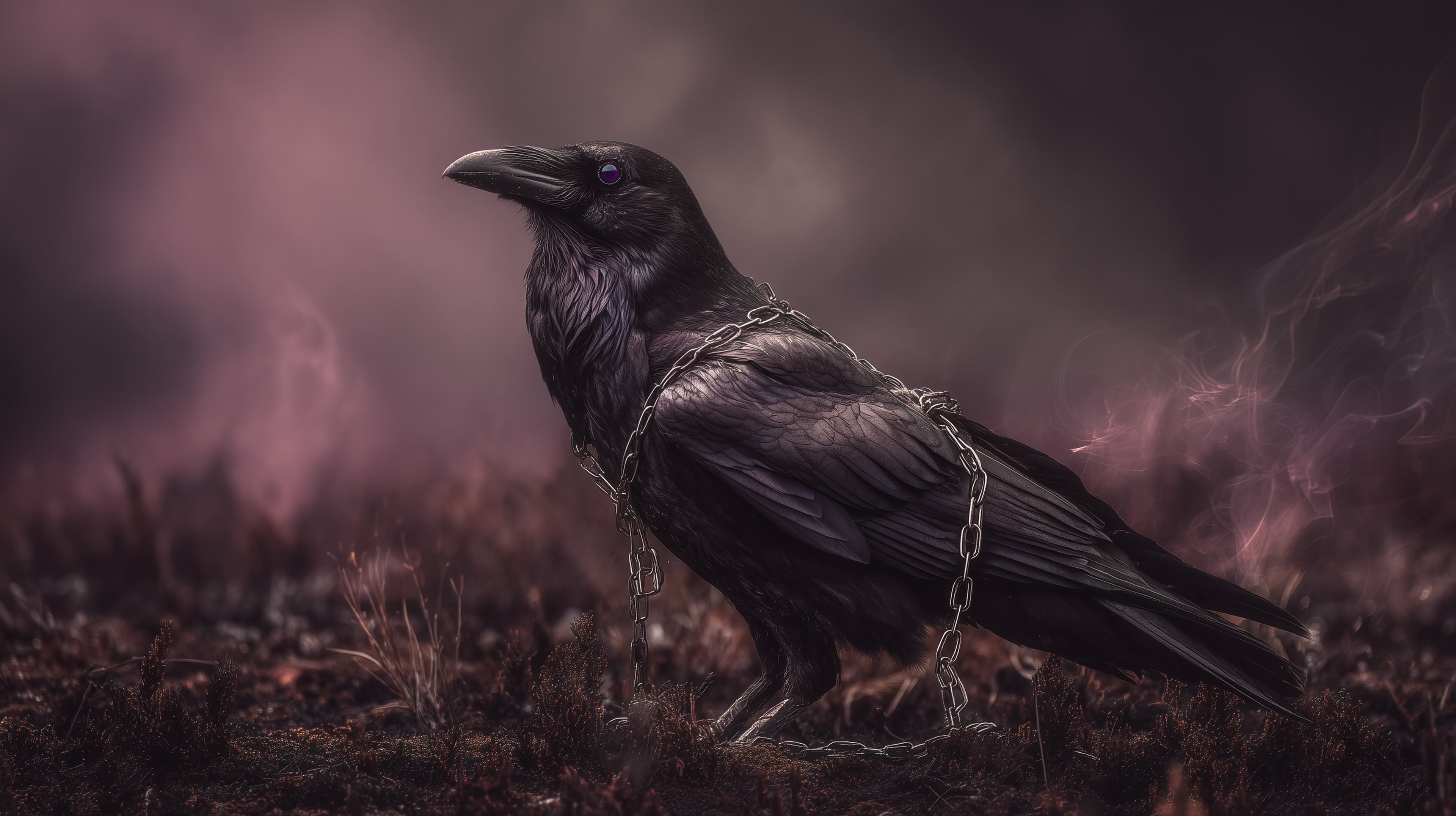 Moody Dark Raven with Chains - Atmospheric Night Wallpaper - High Resolution dark Wallpaper for Mobile and Desktop