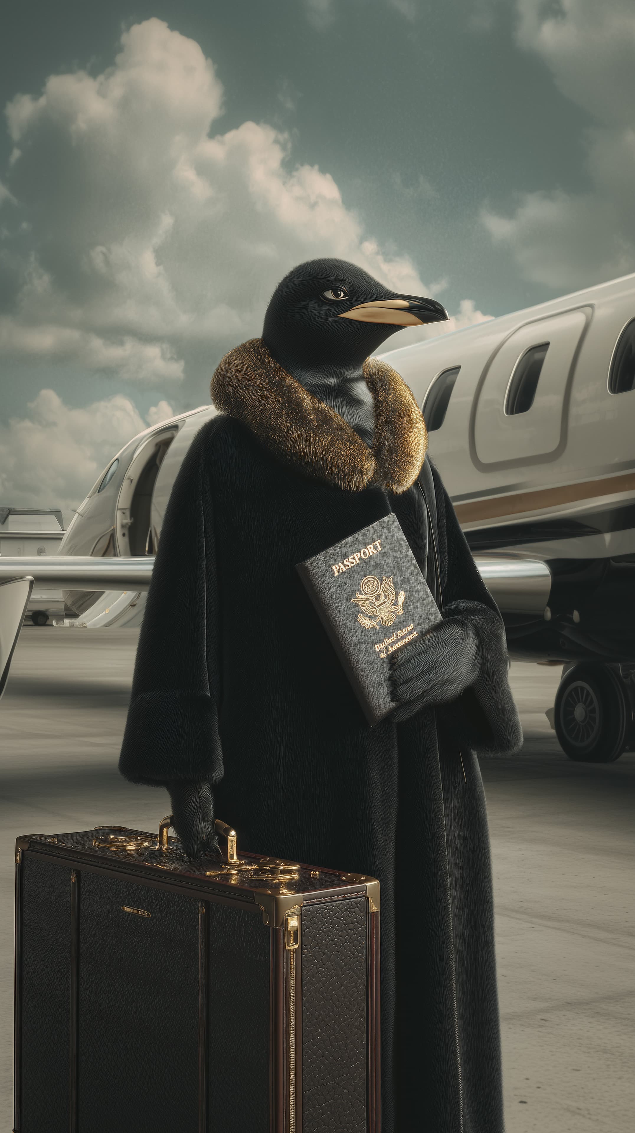 Surreal Bird Traveler at Airport with Passport and Suitcase - High Resolution surreal Wallpaper for Mobile and Desktop