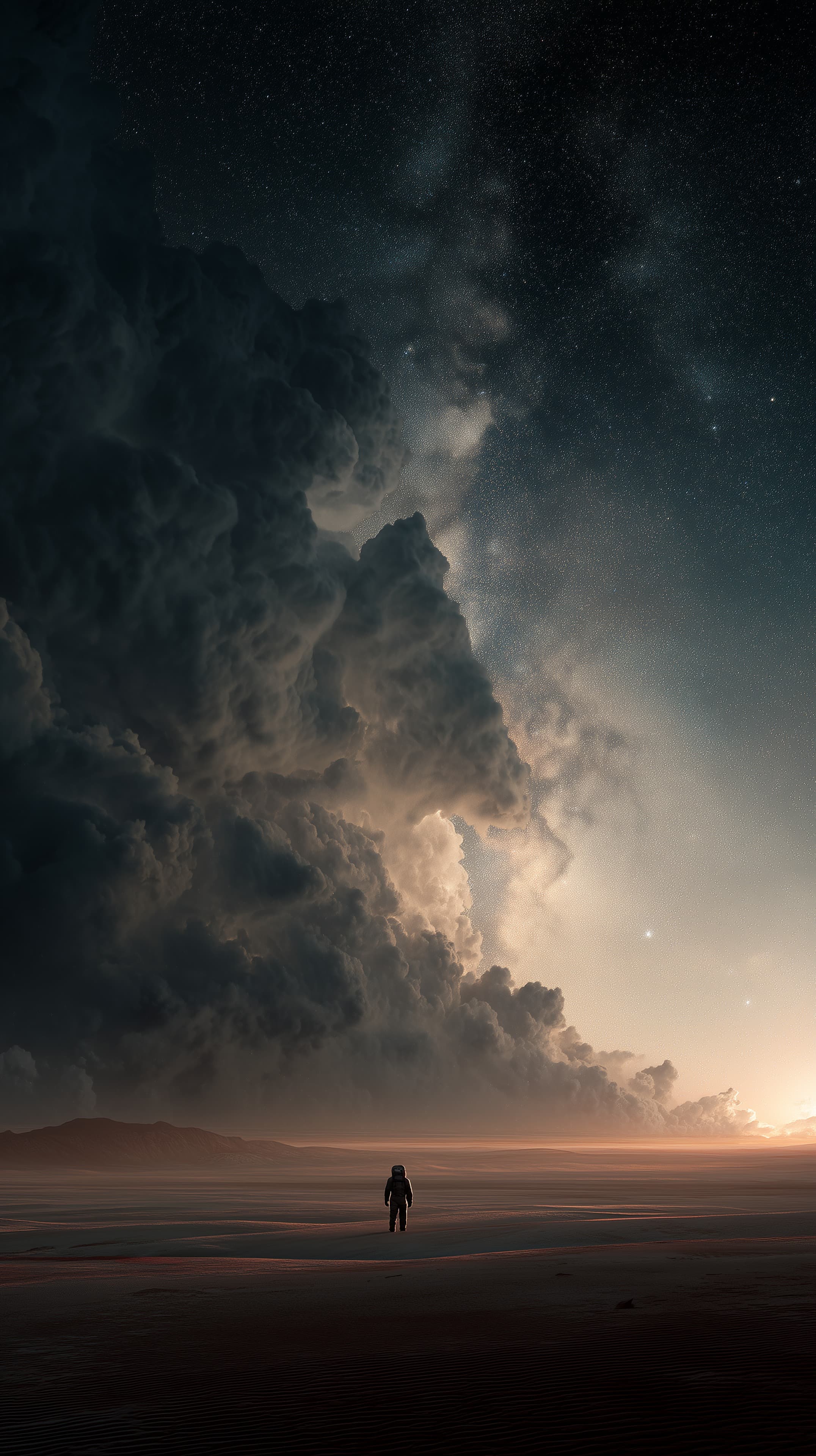 Desert Wanderer Beneath Vast Starry Sky and Towering Clouds - High Resolution space-traveler Wallpaper for Mobile and Desktop