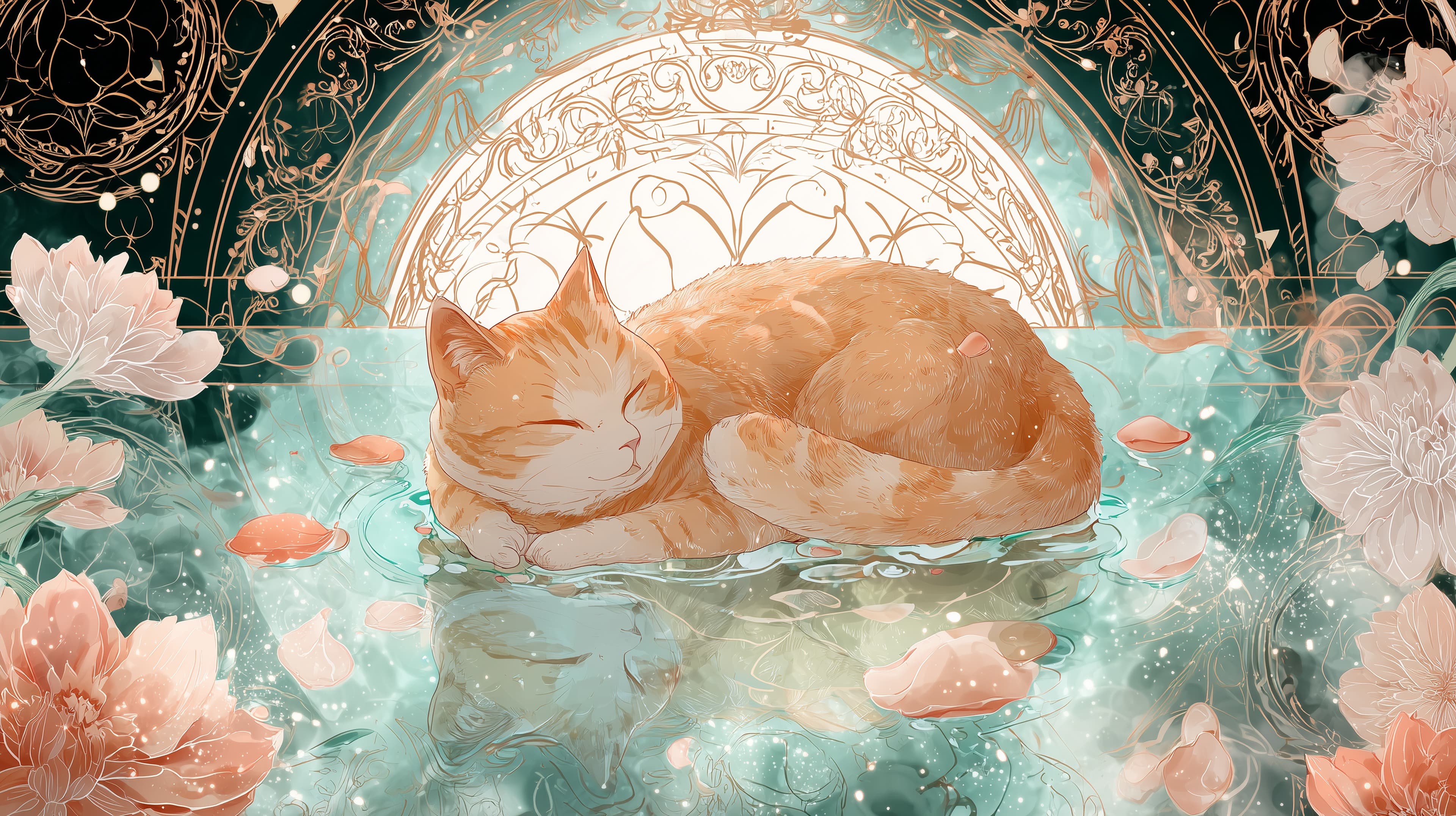 Dreamy sleeping cat on serene water amid floral mandala - High Resolution cat Wallpaper for Mobile and Desktop