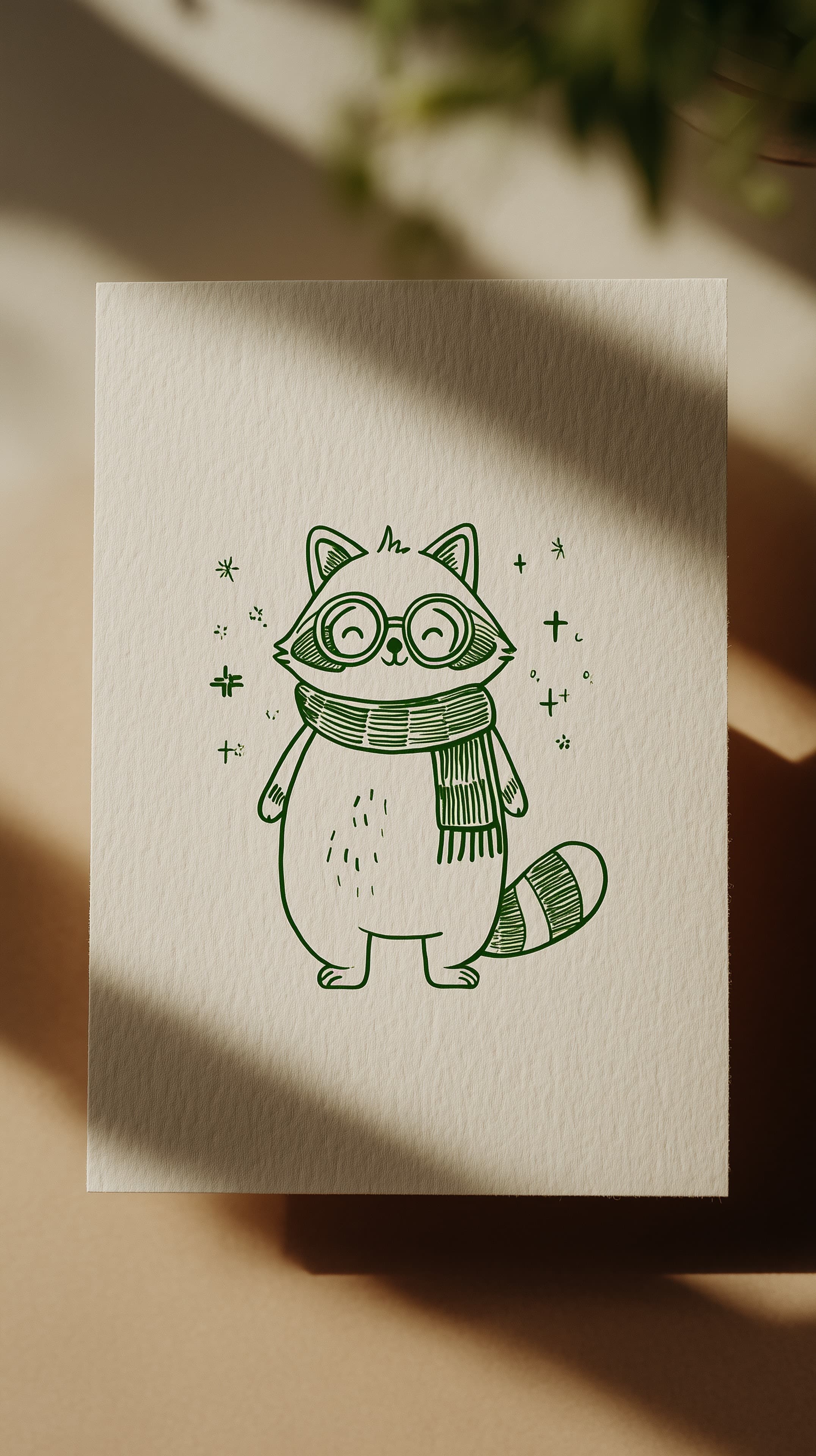 Cute Raccoon Illustration Wall Art in Green Line Drawing - High Resolution cartoon-character Wallpaper for Mobile and Desktop