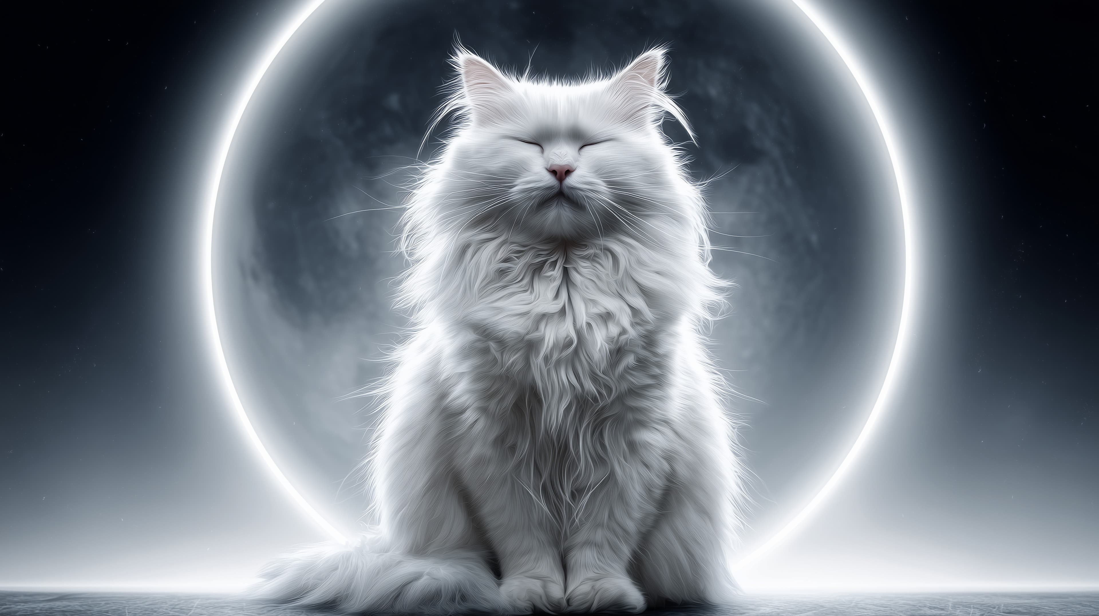 Celestial White Cat Beneath a Glowing Lunar Ring in Space - High Resolution cat Wallpaper for Mobile and Desktop