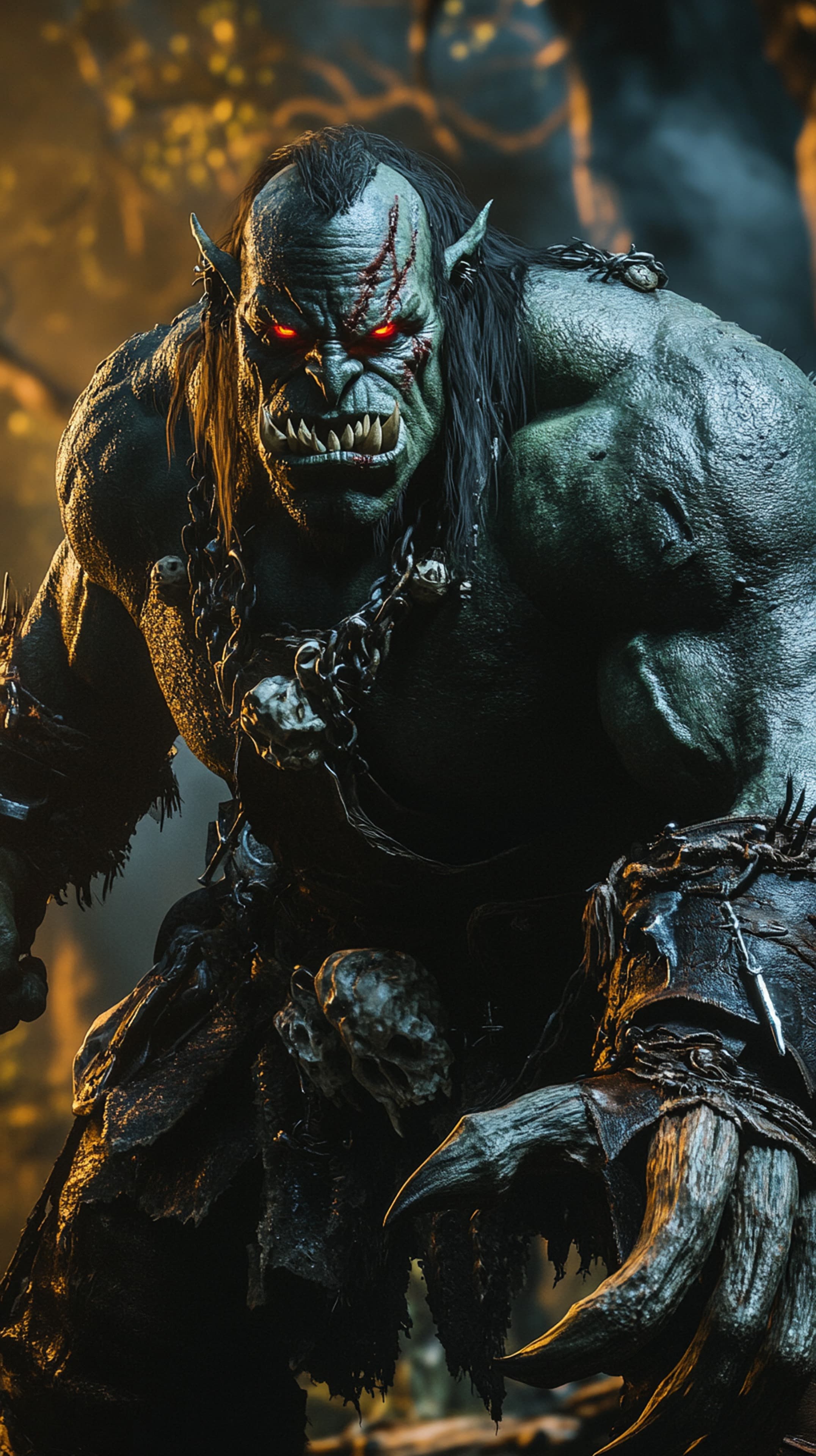 Dark Fantasy Orc Warrior Wallpaper with Spiked Armor - High Resolution fantasy Wallpaper for Mobile and Desktop