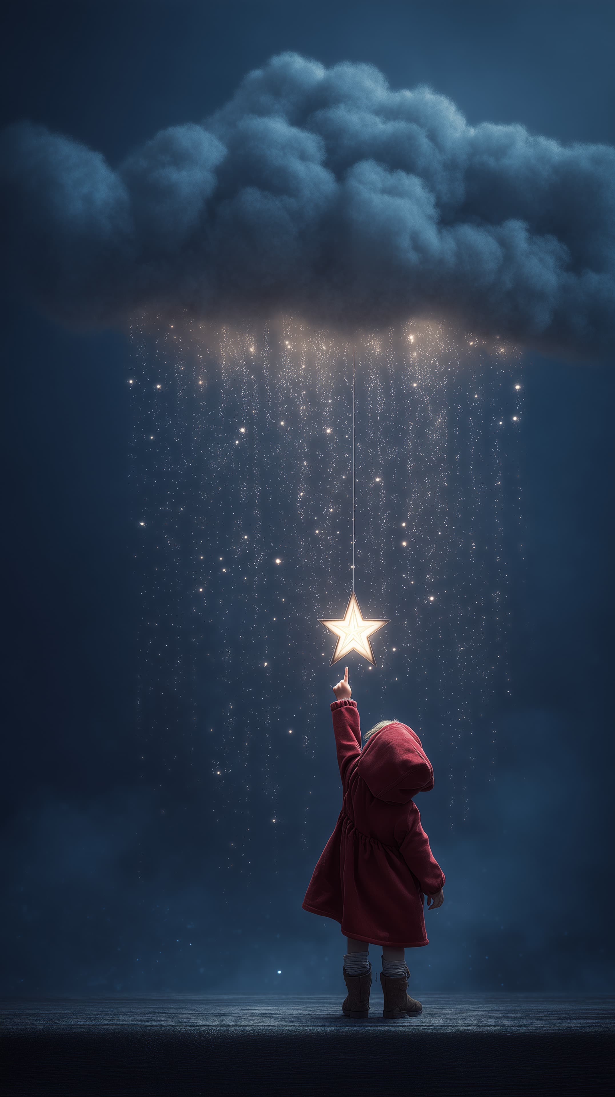 Dreamy Night Sky: Child Reaches for a Star from a Cloud - High Resolution blue-ambiance Wallpaper for Mobile and Desktop