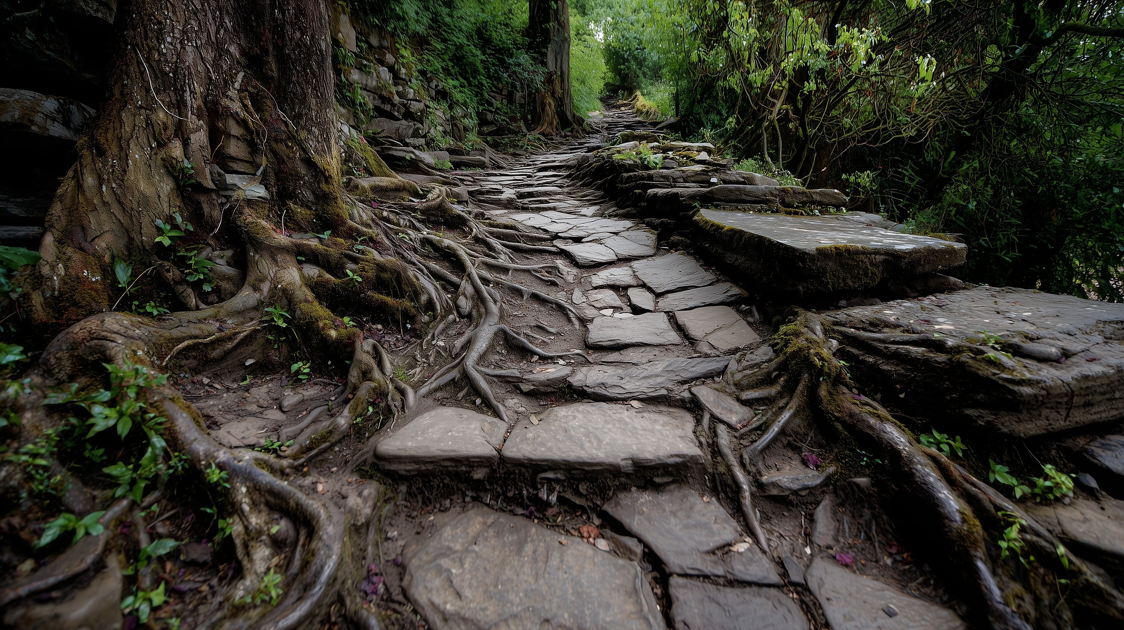 Mossy Stone Path Through Ancient Forest Roots at Dusk - High Resolution forest Wallpaper for Mobile and Desktop