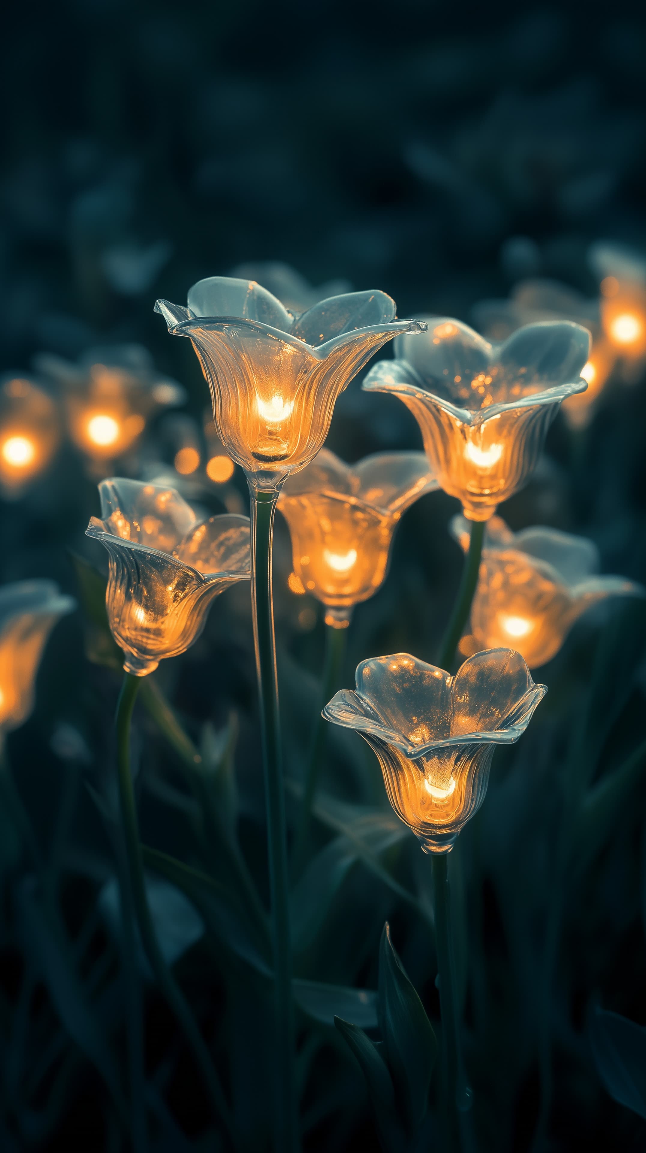 Dreamy Glass Flower Lamps in a Moonlit Field of Soft Light - High Resolution ambient-decor Wallpaper for Mobile and Desktop