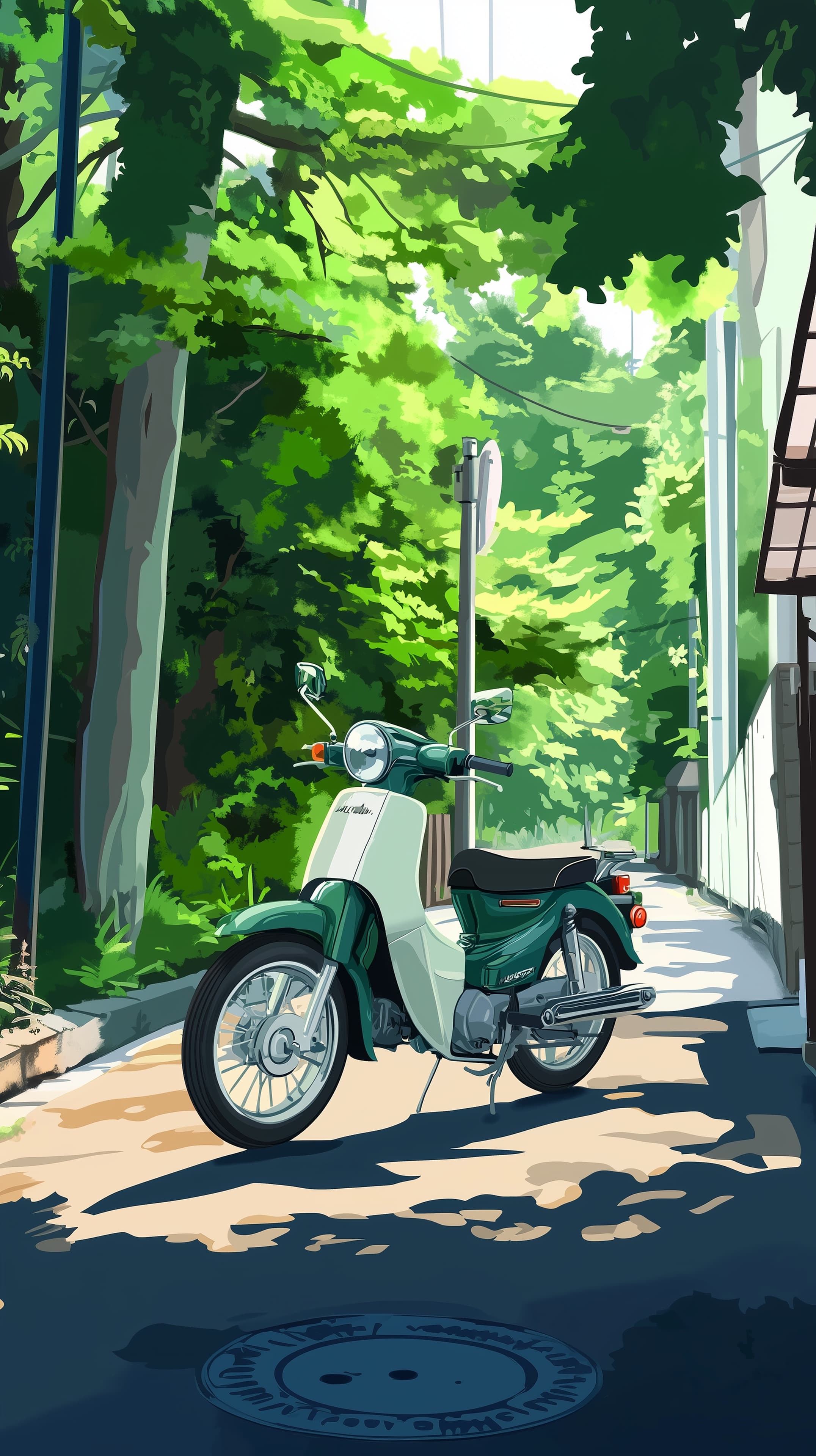 Tranquil Green Street with Vintage Scooter Wallpaper - High Resolution scooter Wallpaper for Mobile and Desktop