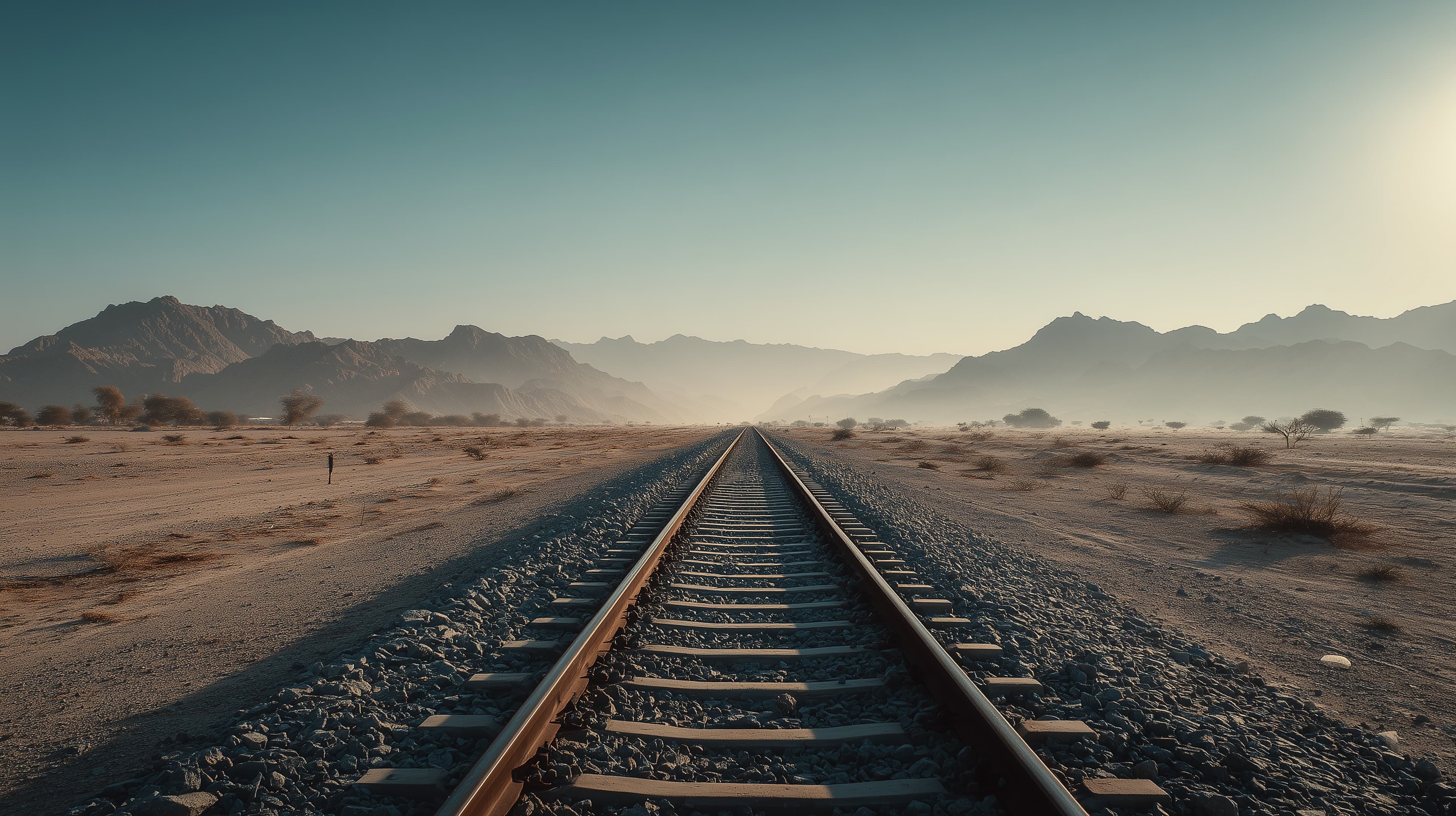 Desert Railroad at Sunrise: Endless Tracks to Distant Mountains - High Resolution arid-landscape Wallpaper for Mobile and Desktop