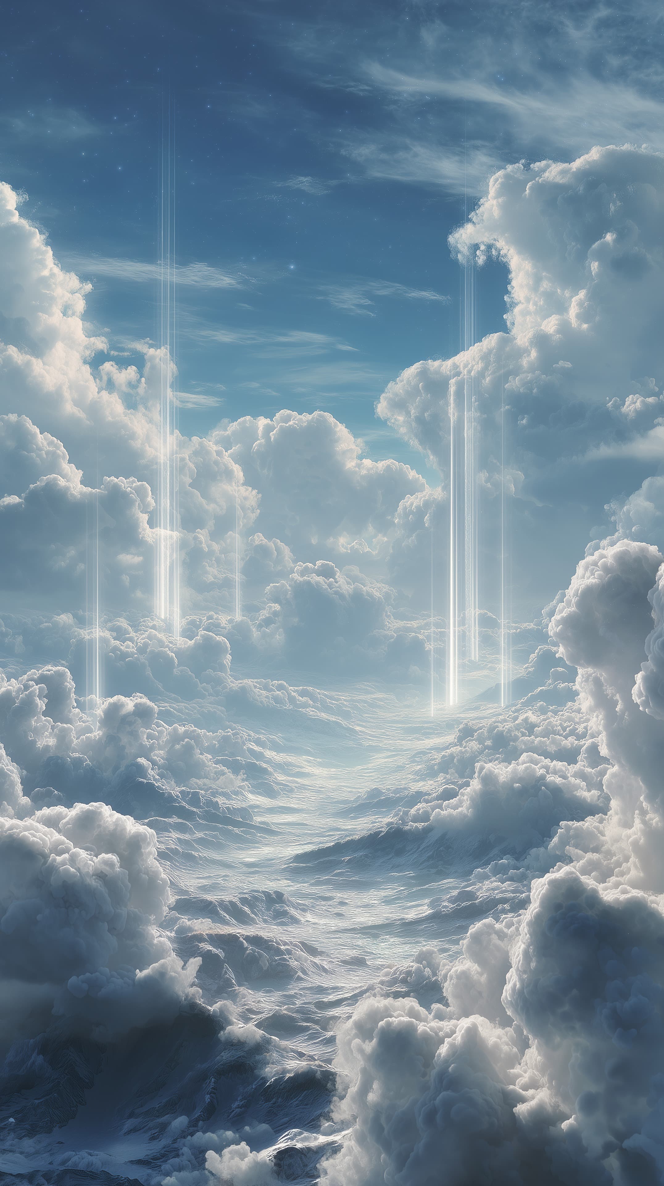 Celestial Cloudscape: Ethereal Light Beams Through Clouds - High Resolution blue-sky Wallpaper for Mobile and Desktop