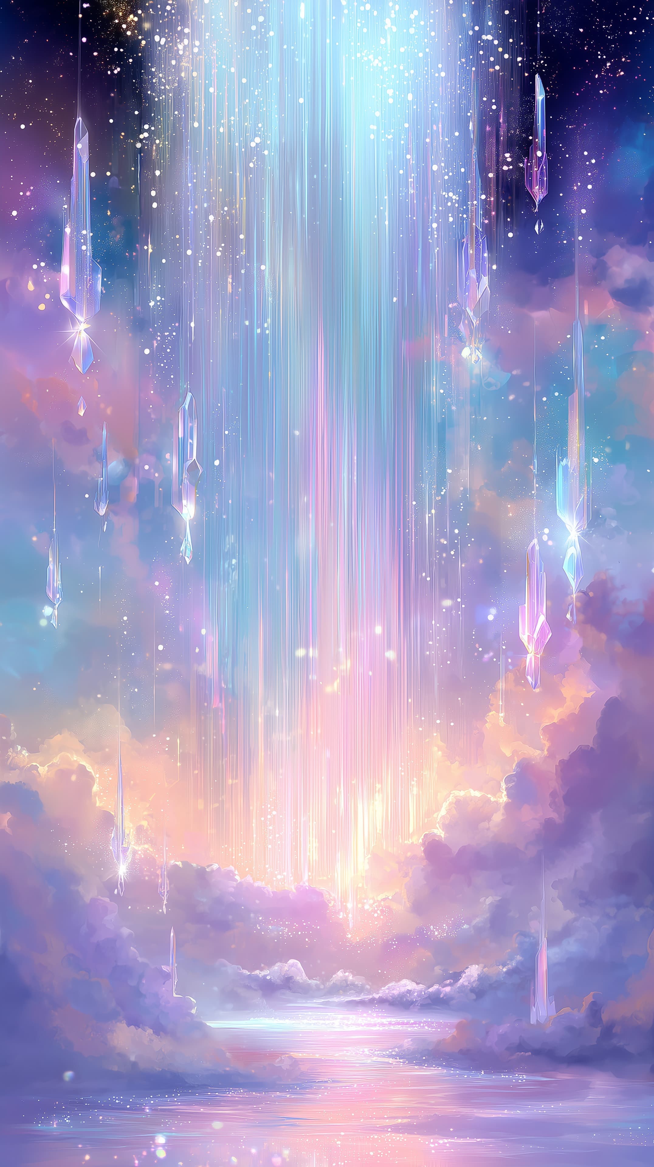 Dreamy Crystal Rain Over a Pastel Sky — Ethereal Fantasy Wallpaper - High Resolution aurora Wallpaper for Mobile and Desktop
