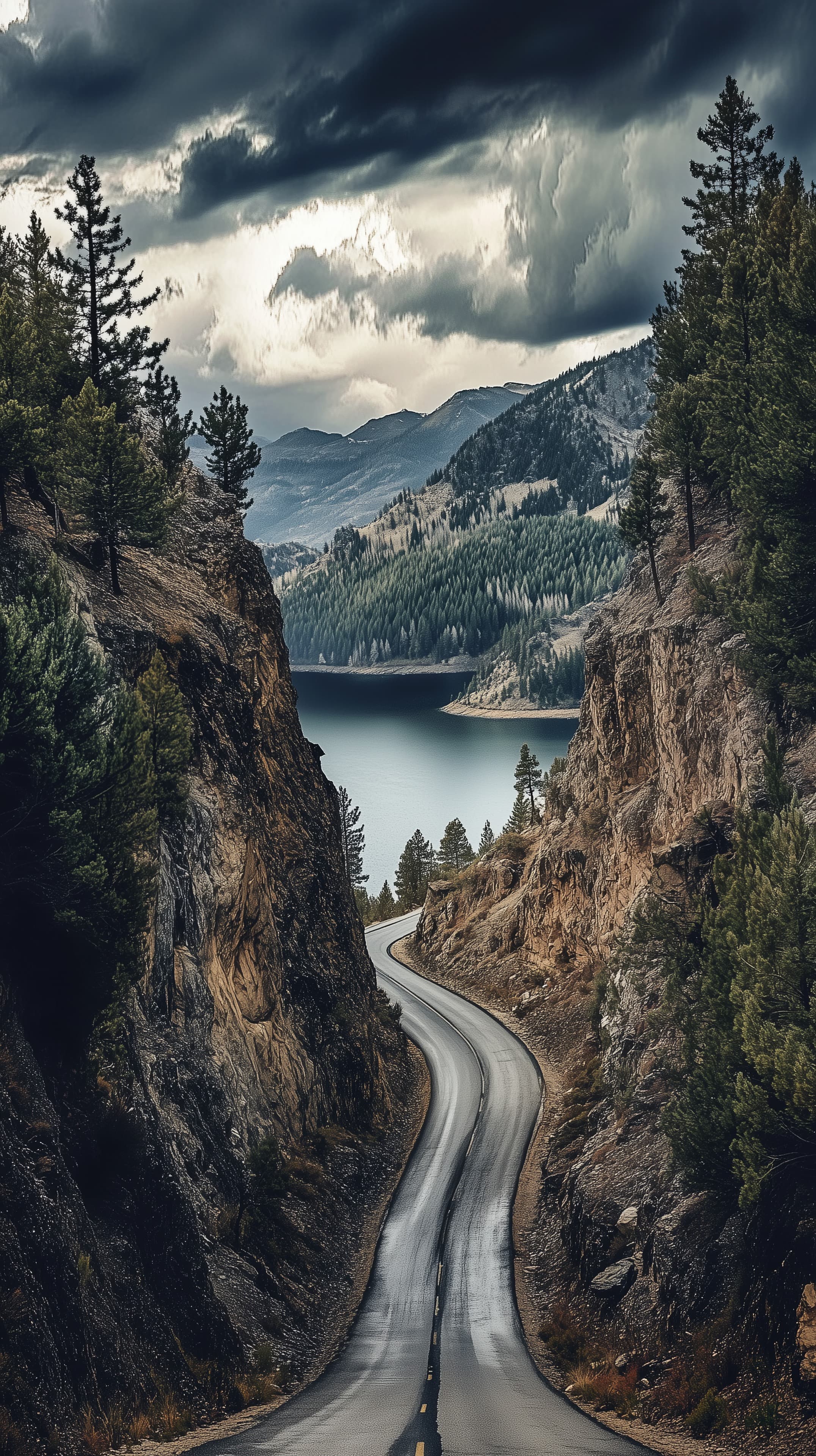 Serene Mountain Road Winding Through Rugged Cliffs and Lake - High Resolution cliffs Wallpaper for Mobile and Desktop