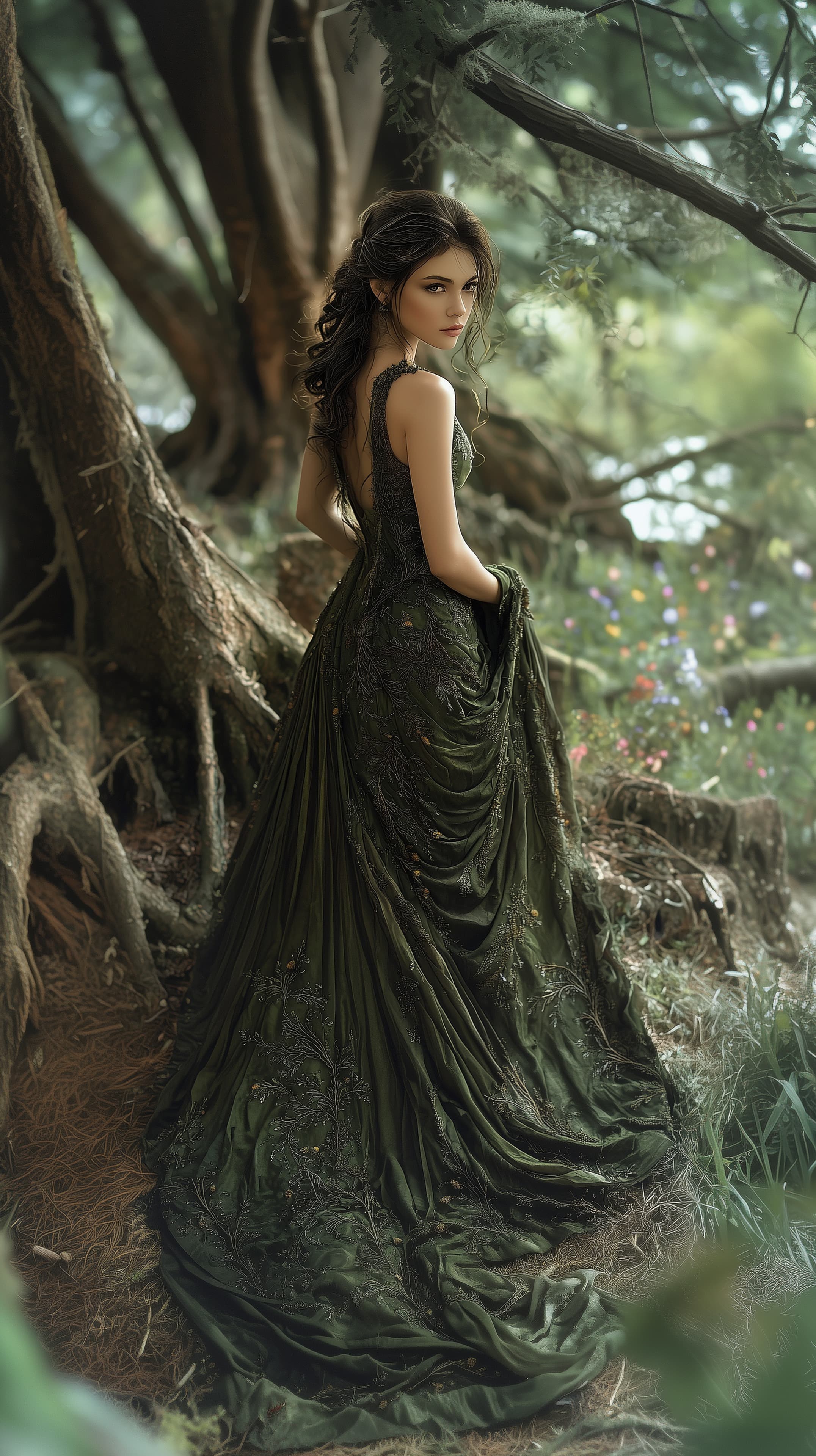 Dreamy emerald forest gown in an enchanted woodland portrait - High Resolution emerald Wallpaper for Mobile and Desktop