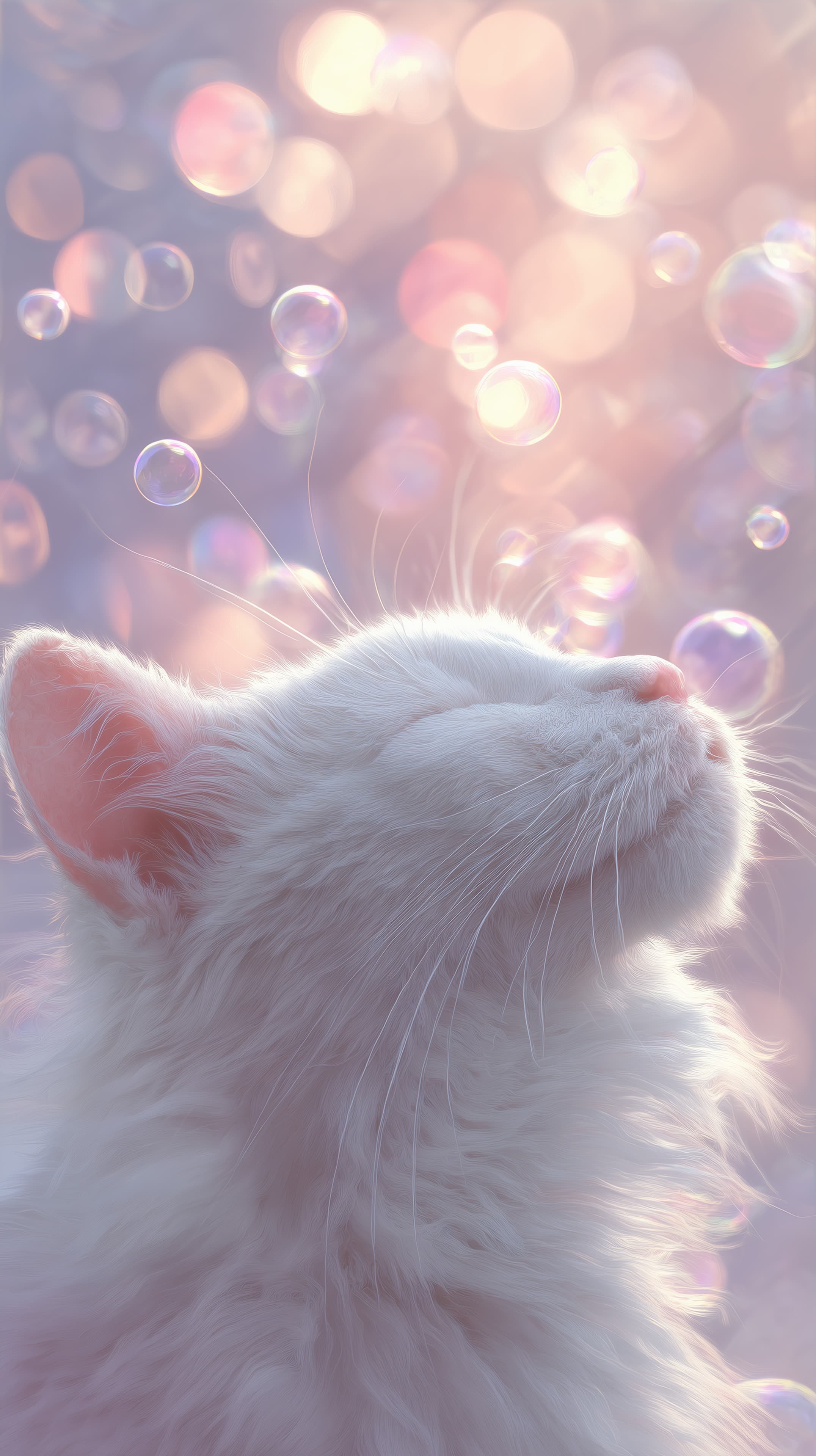 Pastel Dream: White Cat Surrounded by Soft Bubblelight - High Resolution bokeh Wallpaper for Mobile and Desktop