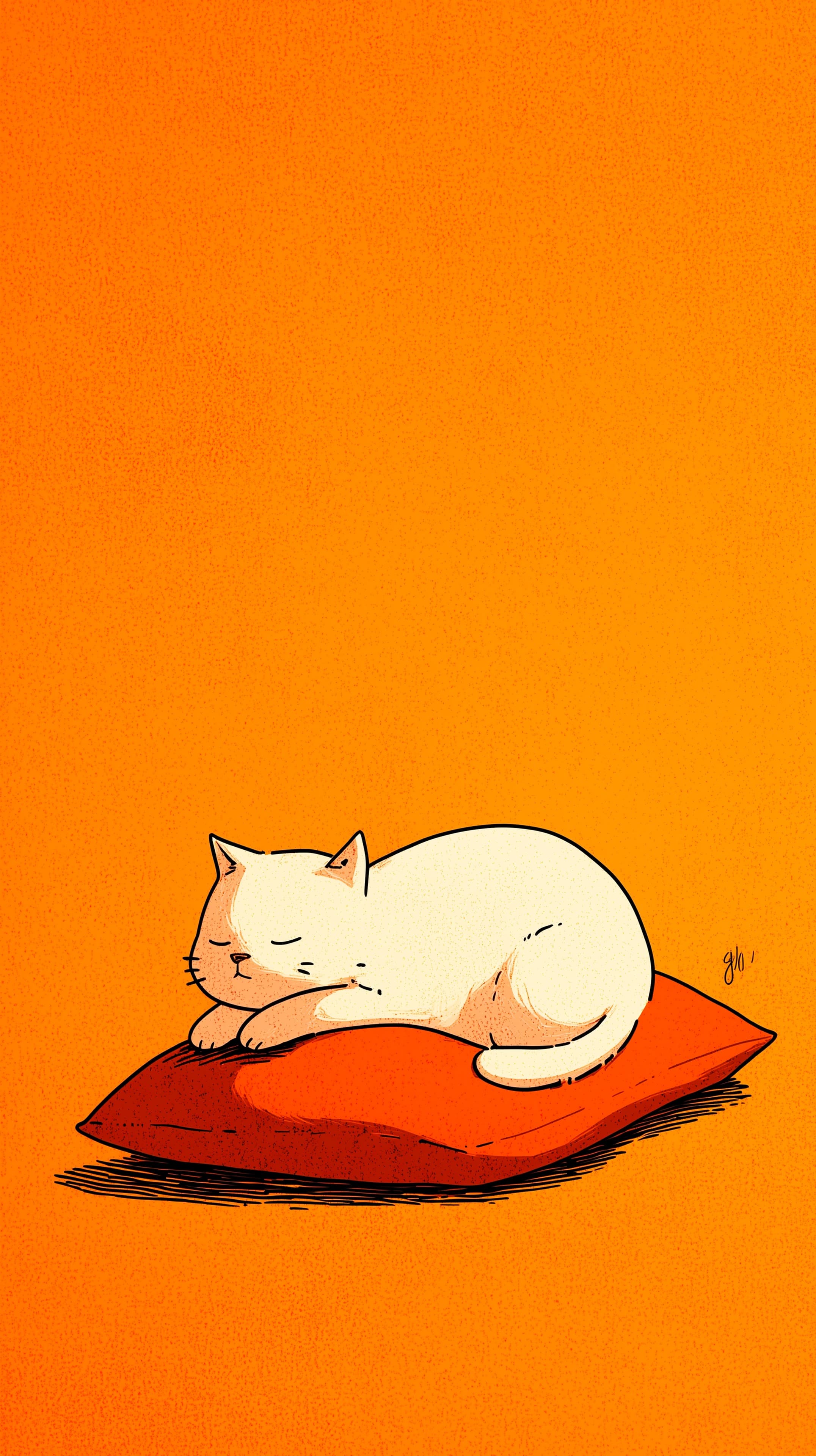 Cozy Orange Background with Sleeping Cat on Pillow Illustration - High Resolution art Wallpaper for Mobile and Desktop