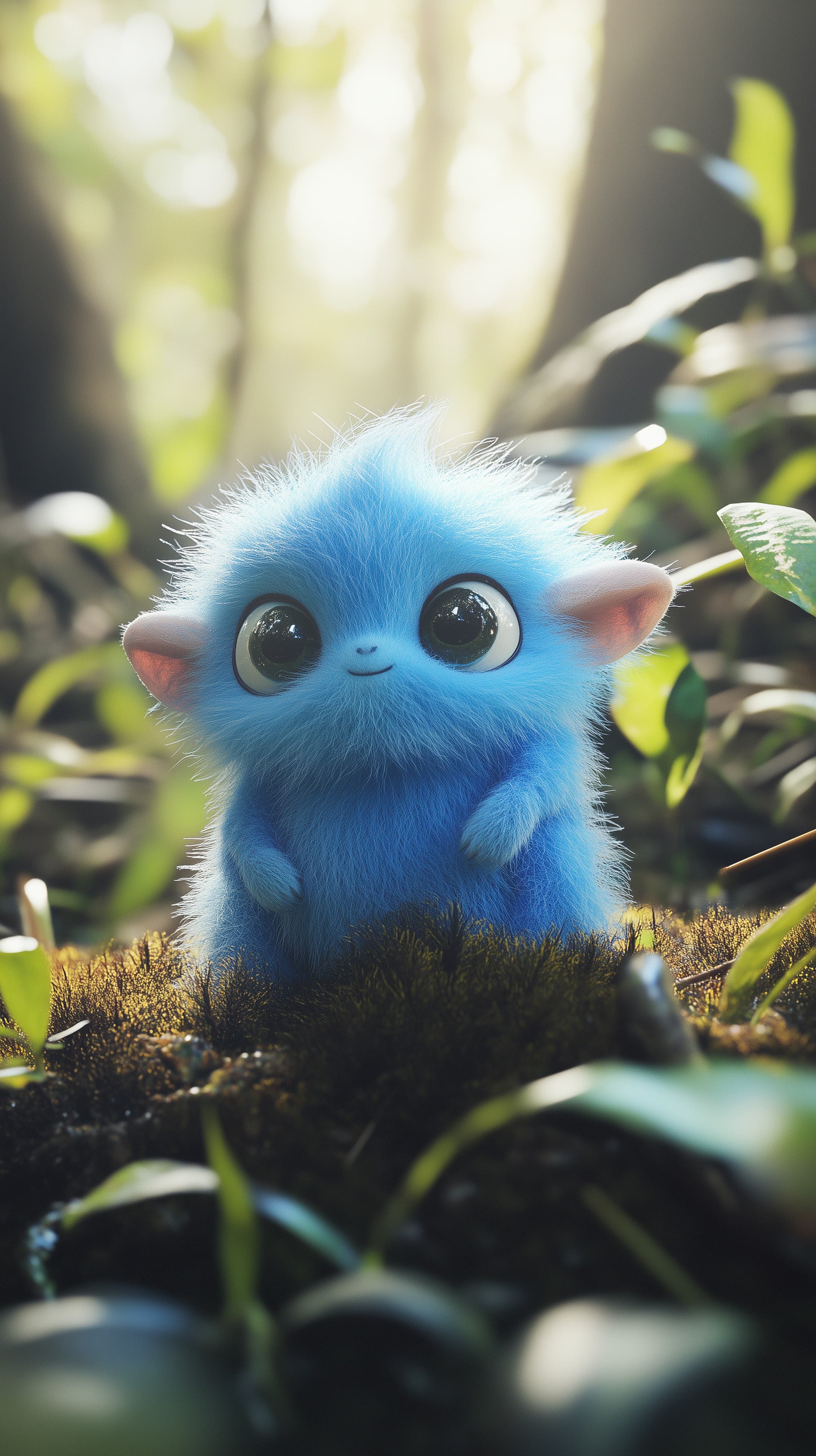 Cute blue fluffy fantasy creature wallpaper in magical forest - High Resolution big-eyes Wallpaper for Mobile and Desktop