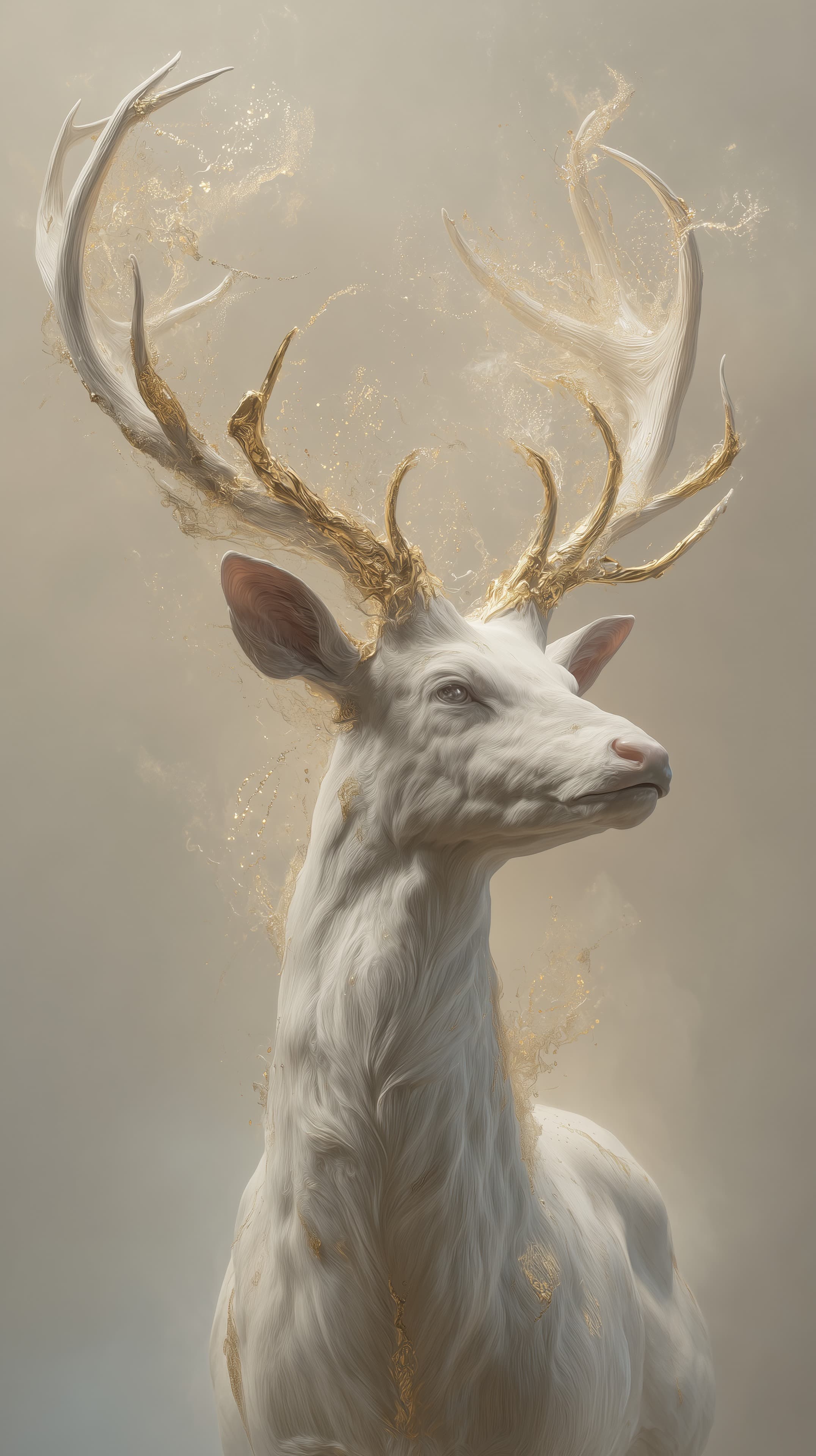 Golden Antlered White Stag in Ethereal Fantasy Glow Wallpaper - High Resolution dreamy-scenery Wallpaper for Mobile and Desktop
