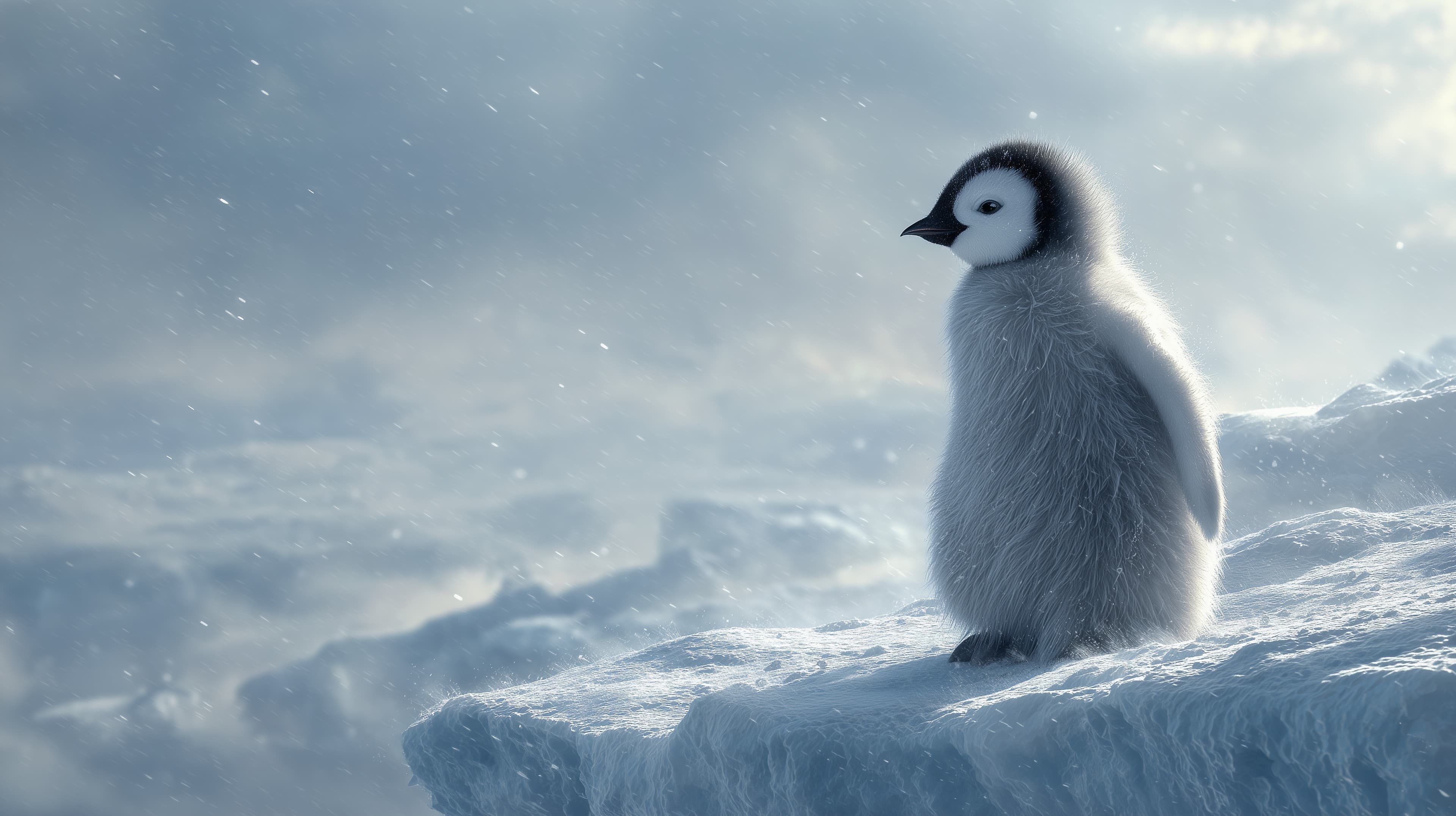 Winter Penguin Chick on Ice: Serene Blue Arctic Scene - High Resolution baby-penguin Wallpaper for Mobile and Desktop