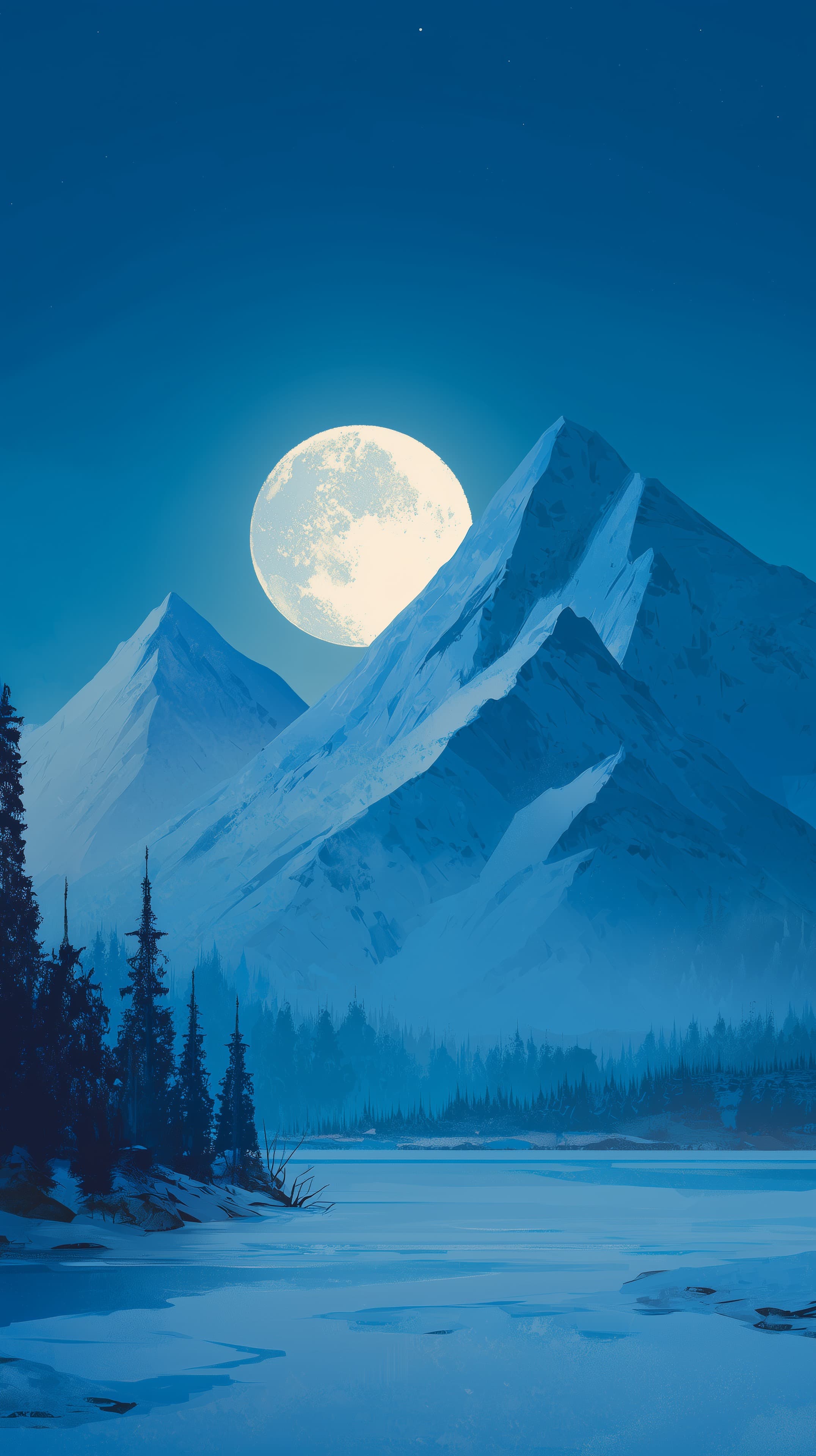 Moonlit Snowy Mountain Landscape - Night Blue Wallpaper - High Resolution alpine Wallpaper for Mobile and Desktop