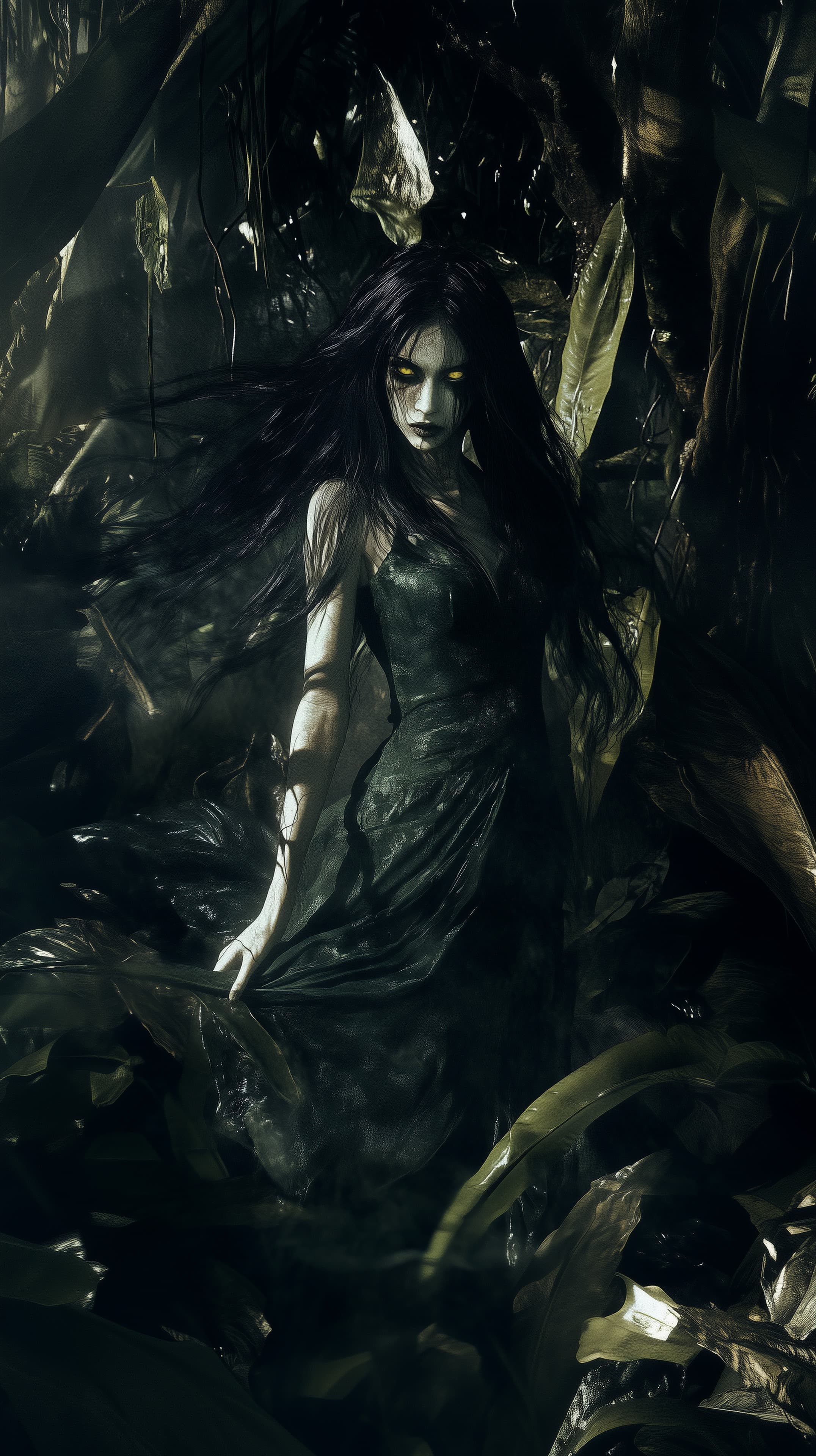 Gothic Forest Enchantress Wallpaper in Dark Jungle Scene - High Resolution black-dress Wallpaper for Mobile and Desktop