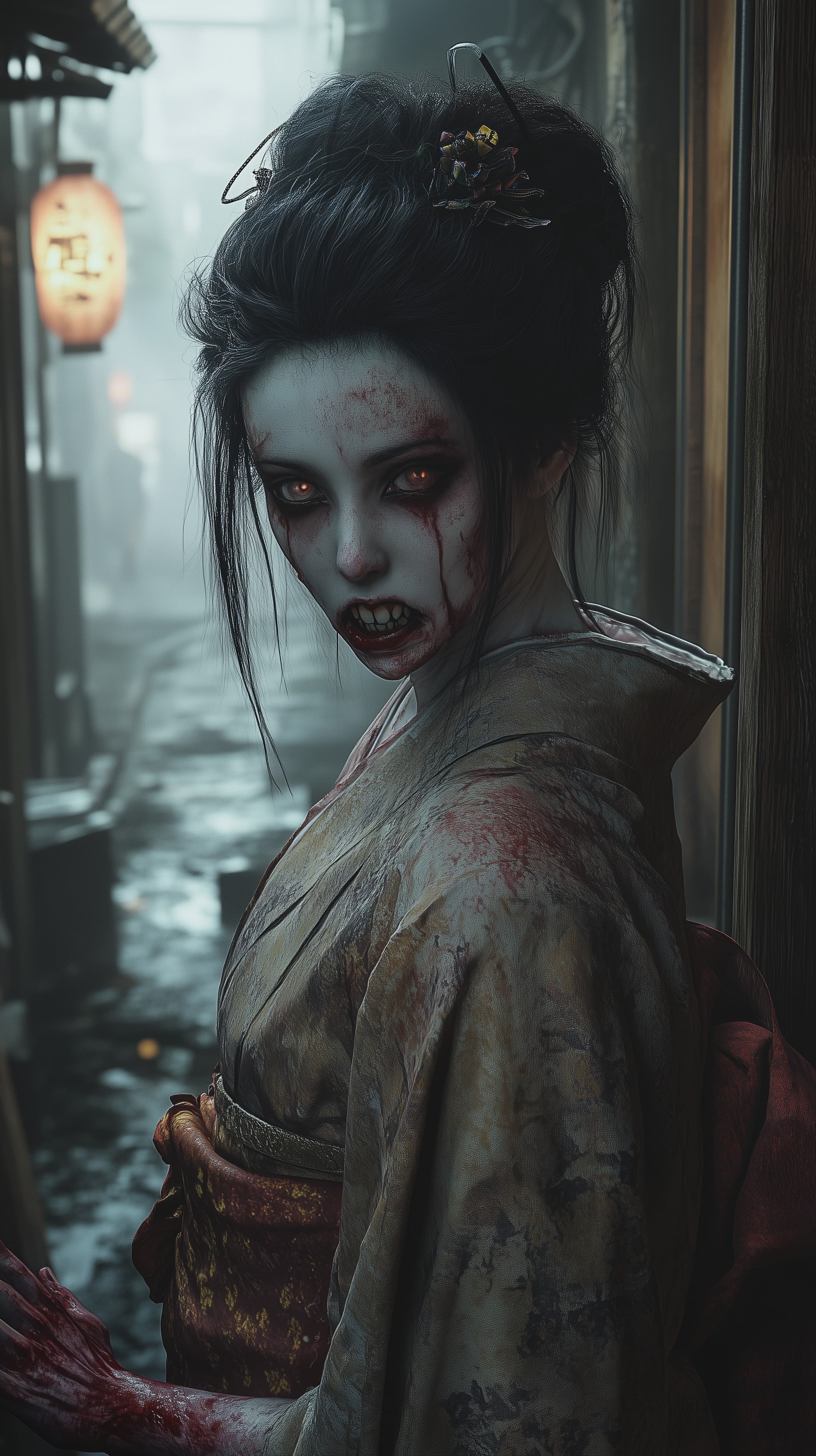 Gothic Zombie Woman in Dim Alley – Haunting Wallpaper - High Resolution undead-woman Wallpaper for Mobile and Desktop