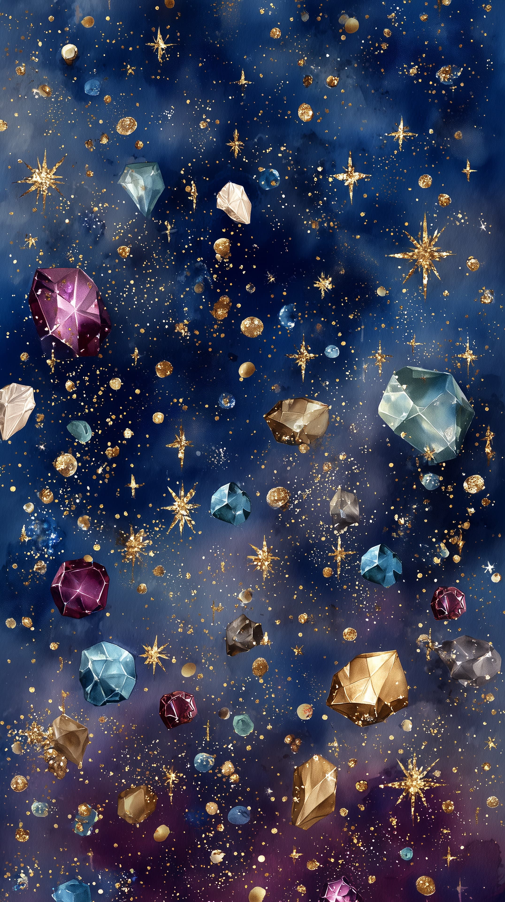 Cosmic Gem Storm: Glittering Sky with Floating Crystals - High Resolution blue-space Wallpaper for Mobile and Desktop