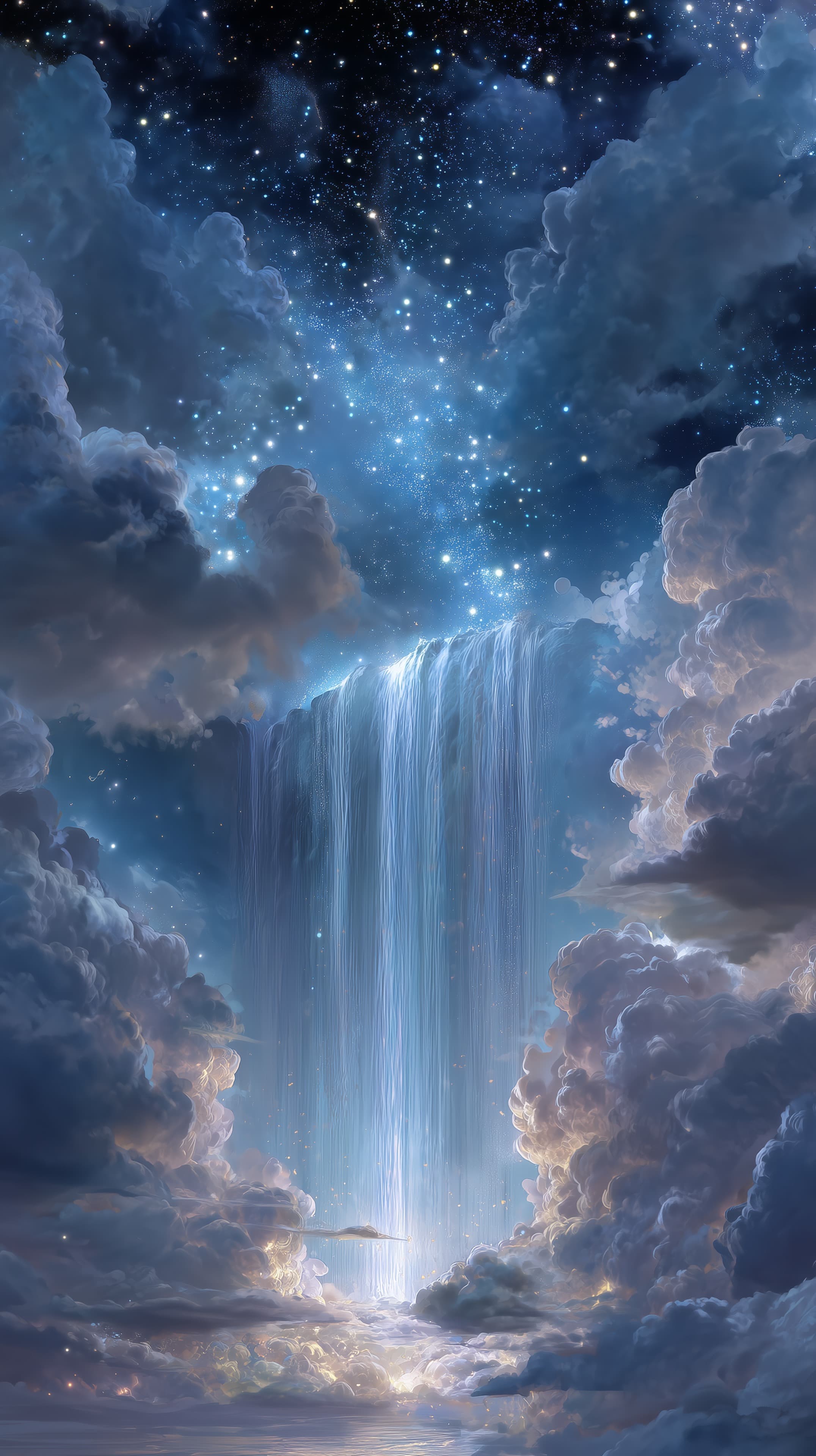 Celestial Cloudfall: Dreamy Night Sky Waterfall Wallpaper - High Resolution blue-mood Wallpaper for Mobile and Desktop