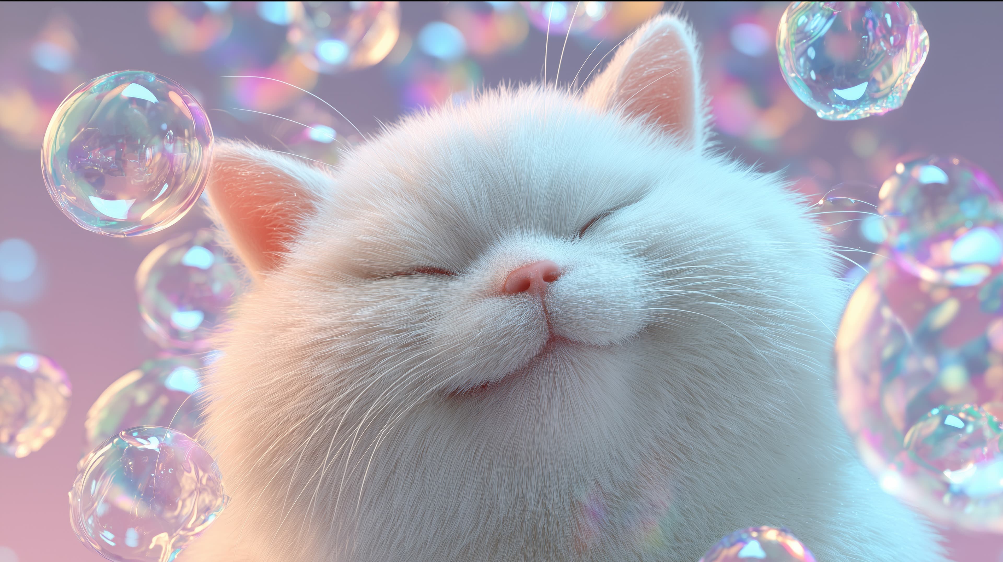 Pastel Dream: Soft White Cat Surrounded by Bubbles Wallpaper - High Resolution bubbles Wallpaper for Mobile and Desktop
