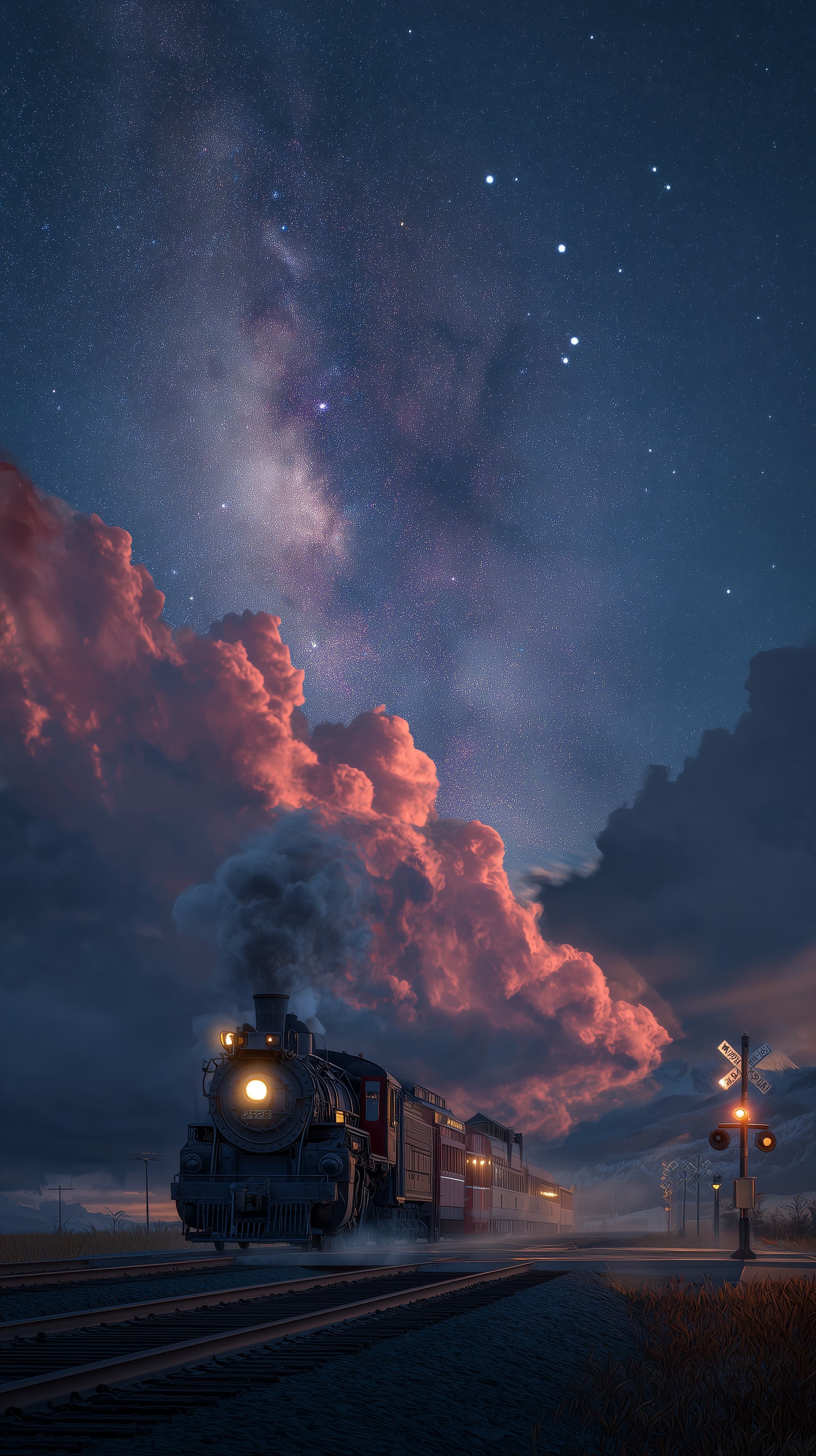 Starry Night Steam Train Under the Milky Way Clouds - High Resolution cinematic-art Wallpaper for Mobile and Desktop