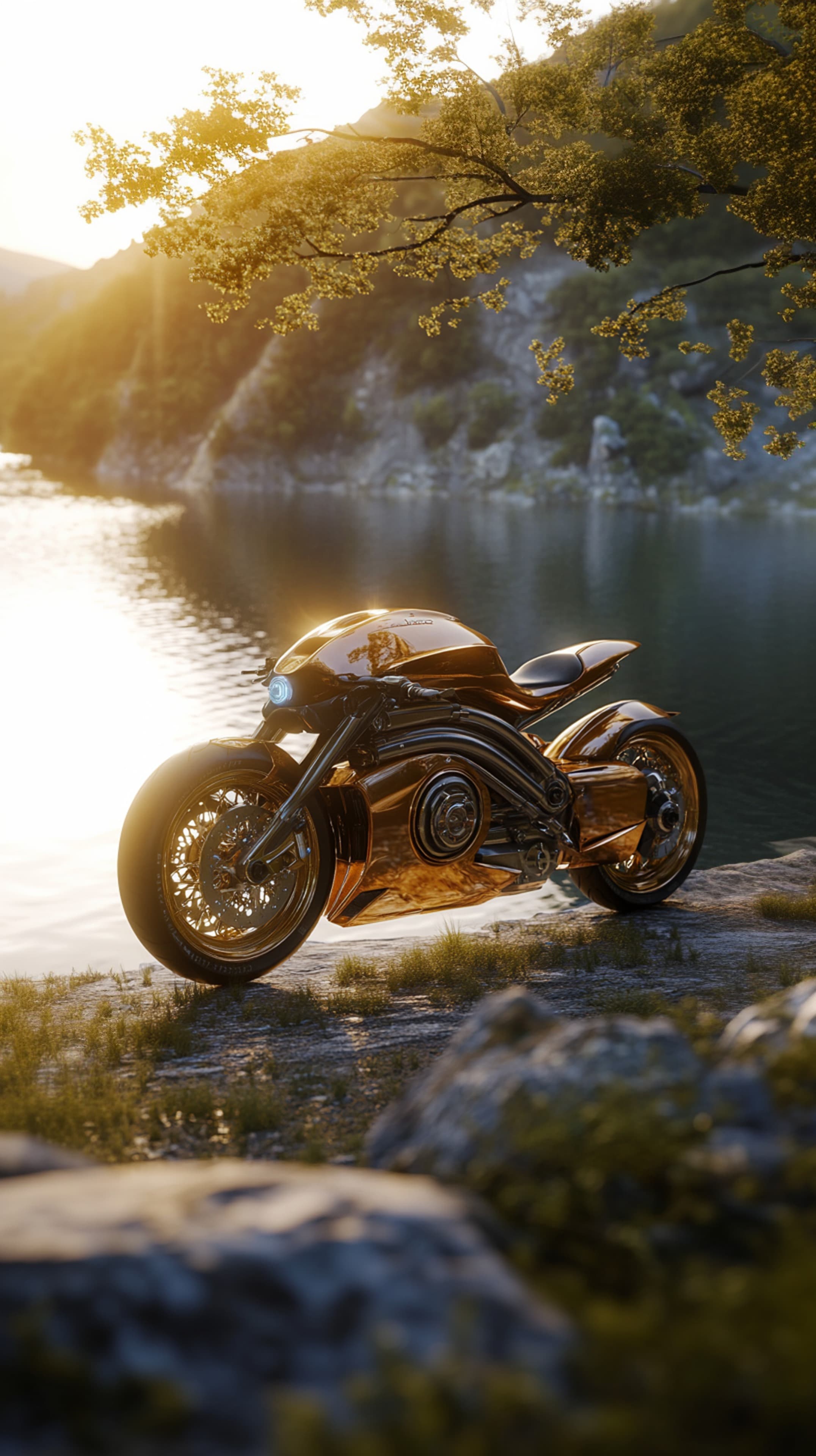 Golden Motorcycle by Sunset Lake — Serene Scenic Wallpaper for Screens - High Resolution sunset-lake Wallpaper for Mobile and Desktop