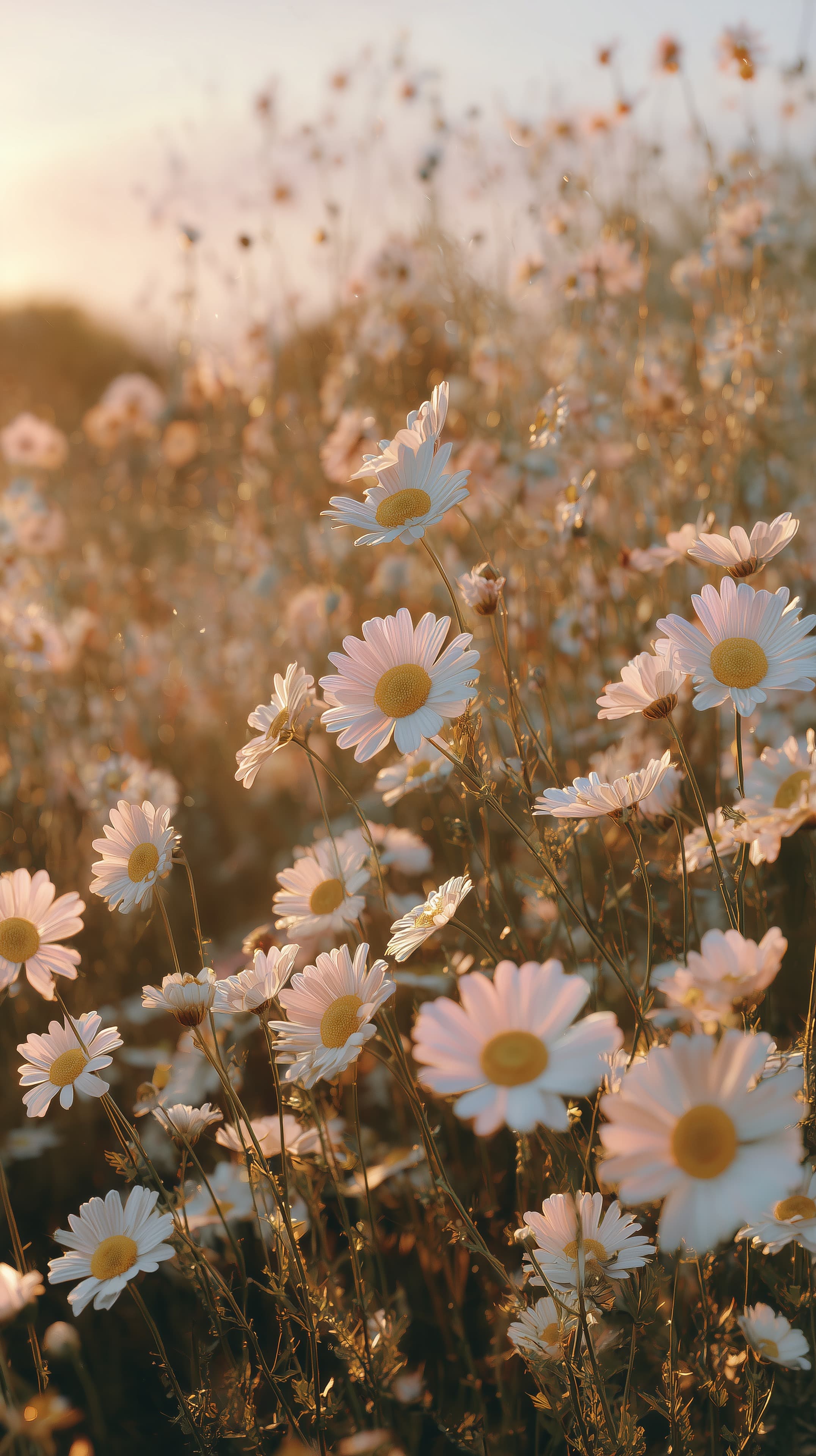Golden Hour Daisy Field - Soft Sunset Flower Wallpaper - High Resolution bokeh Wallpaper for Mobile and Desktop