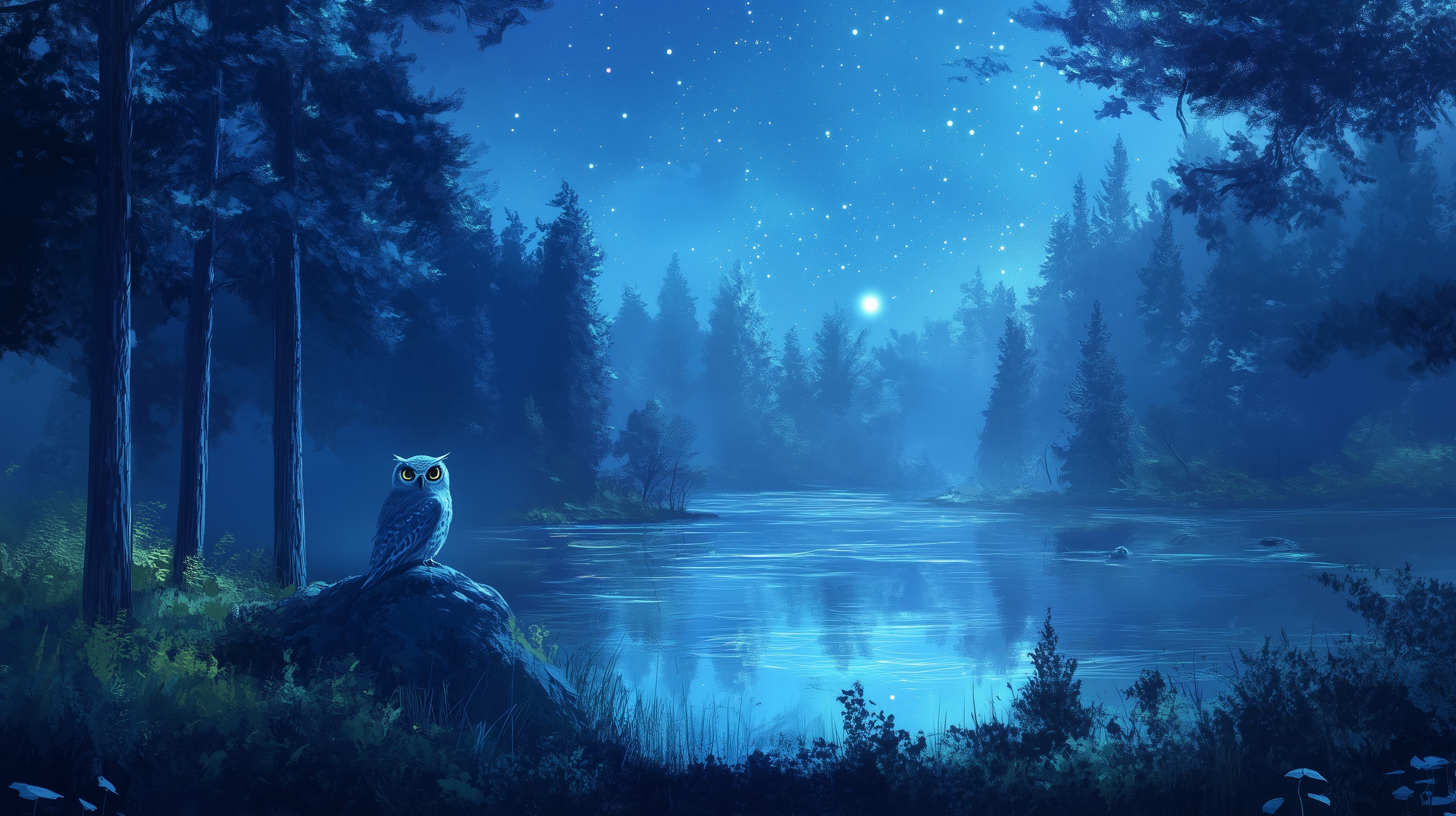Moonlit Forest Lake Wallpaper with Owl under Starry Sky - High Resolution forest Wallpaper for Mobile and Desktop