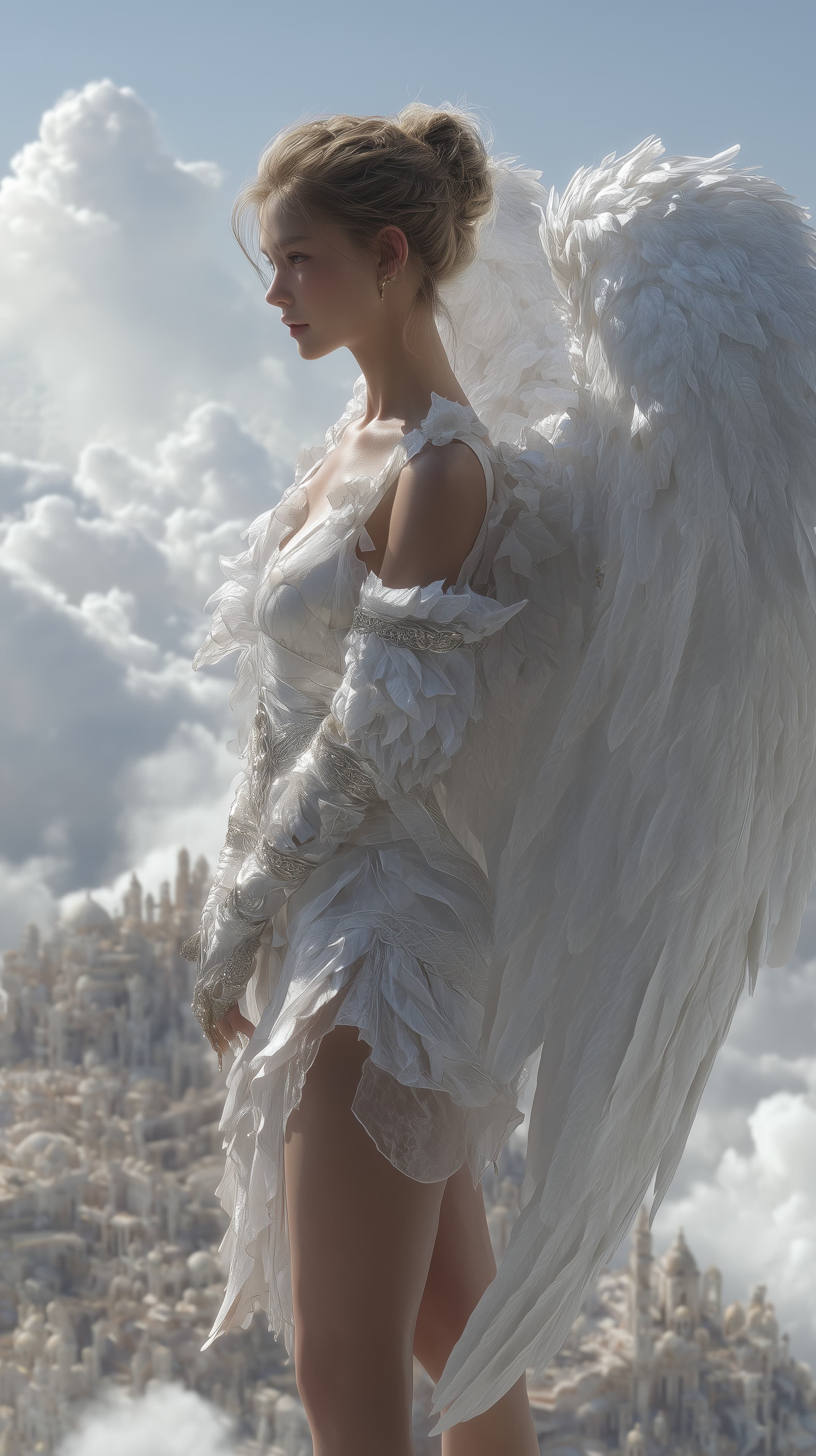 Celestial Winged Being in White Dress Over Cloud City Wallpaper - High Resolution angel Wallpaper for Mobile and Desktop