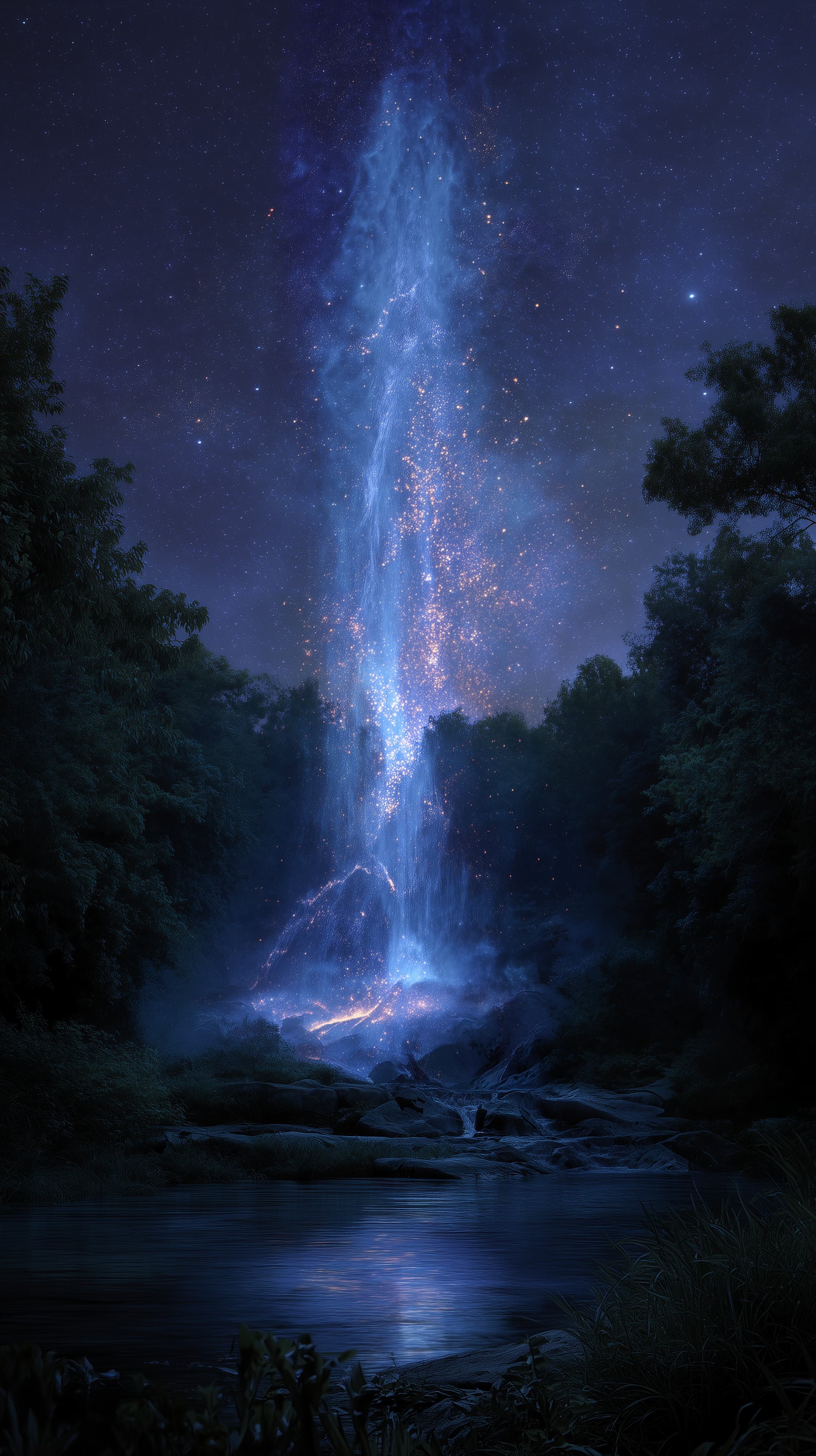 Mystical Night Waterfall Beam Over Starry Forest Sky - High Resolution blue-light Wallpaper for Mobile and Desktop