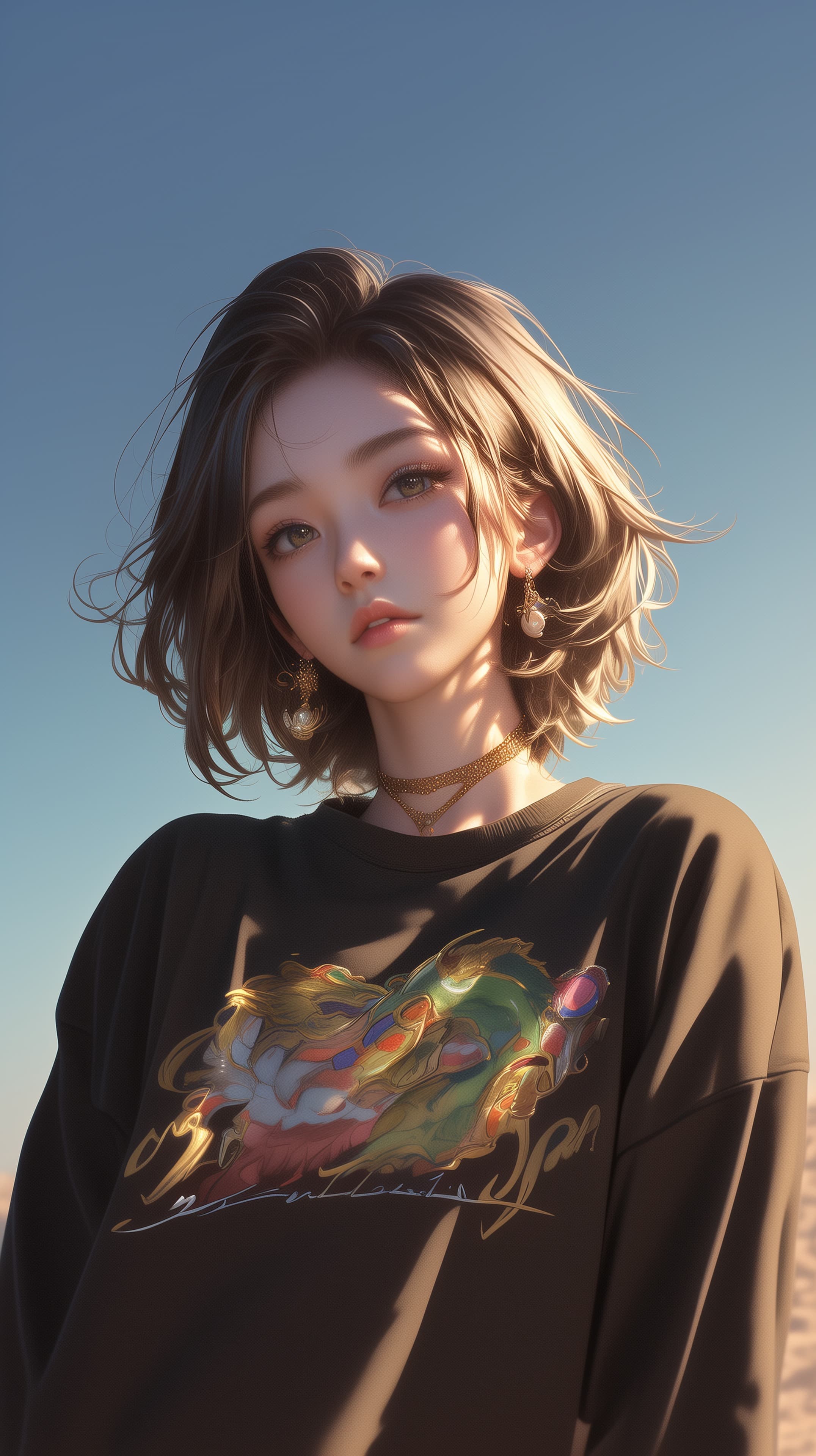 Dreamy Portrait of a Modern Girl Against a Clear Sky - High Resolution blue-sky Wallpaper for Mobile and Desktop