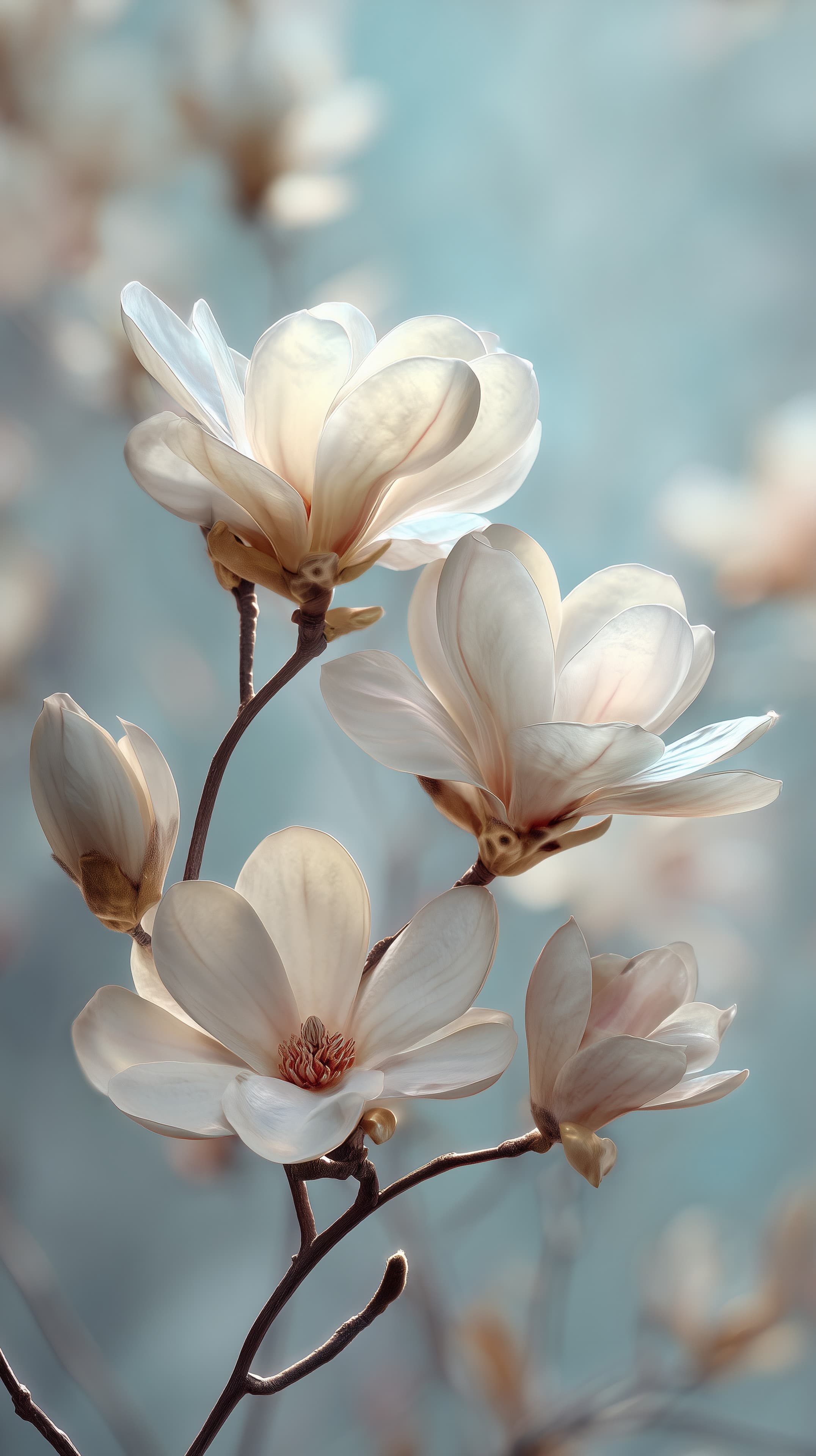 Soft Magnolia Blossoms on Delicate Branches Wallpaper - High Resolution blue-background Wallpaper for Mobile and Desktop