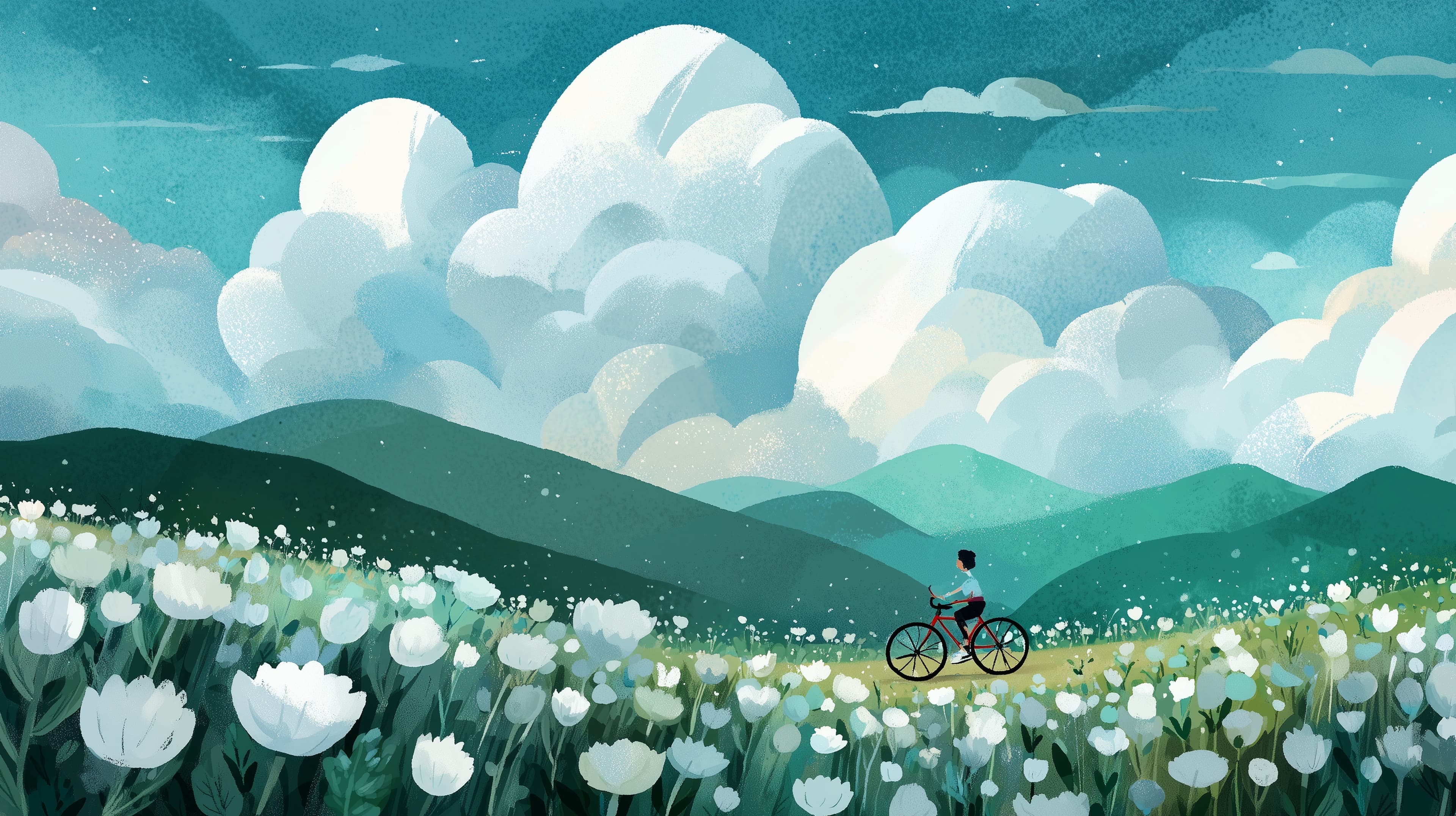 Dreamy valley landscape with cyclist, misty clouds and hills - High Resolution art Wallpaper for Mobile and Desktop