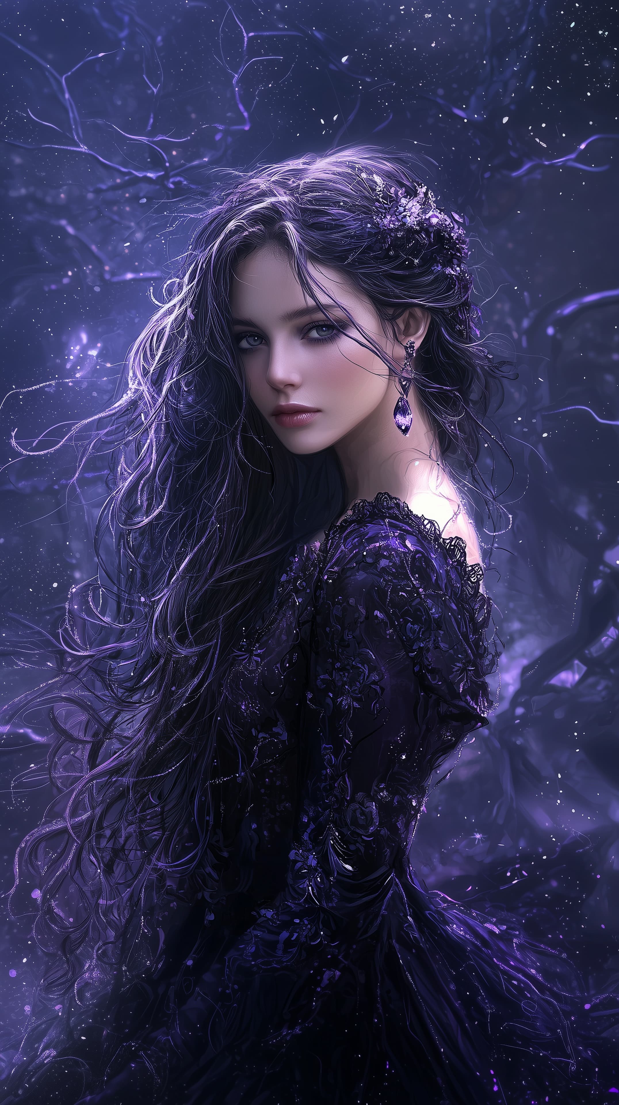 Enchanting Purple Night Portrait: Fantasy Queen in Velvet Gown - High Resolution celestial-backdrop Wallpaper for Mobile and Desktop