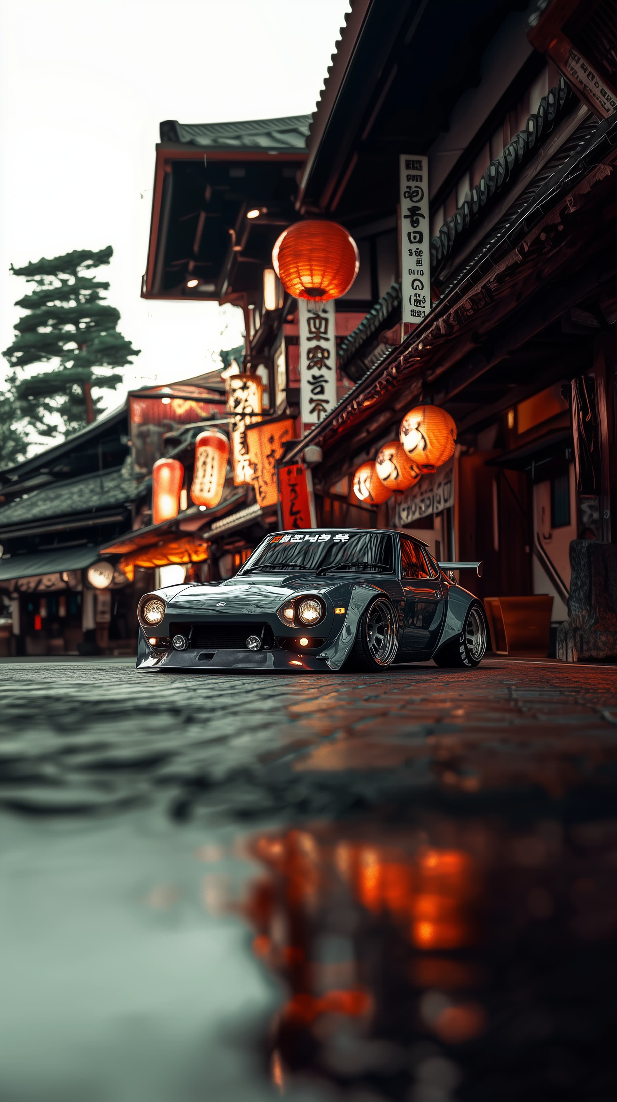 Neon-lit street sports car in a rainy Asian alleyway - High Resolution neon-lit Wallpaper for Mobile and Desktop