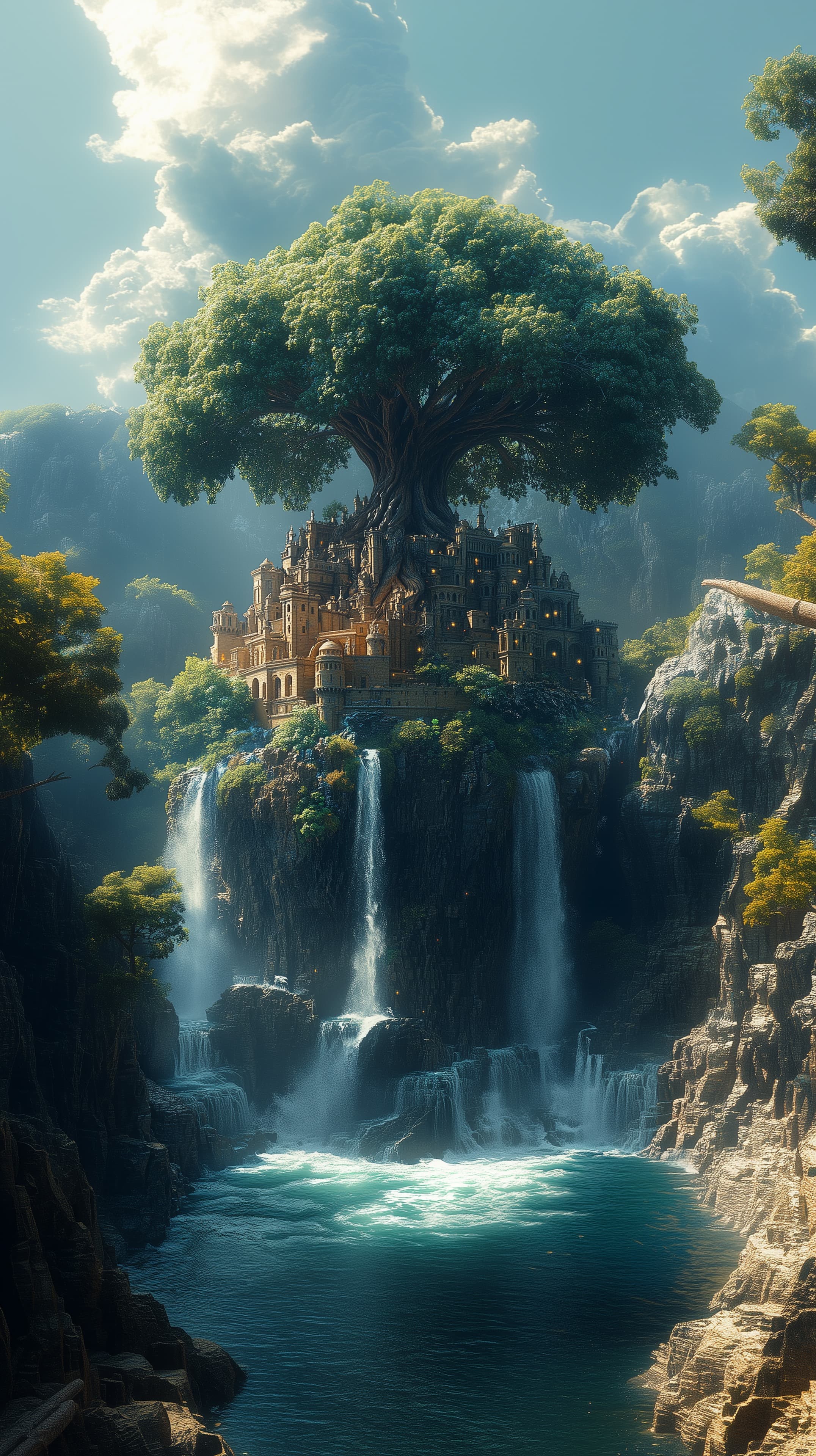 Majestic Fantasy Tree City on a Canyon Waterfall at Dusk - High Resolution ancient-fortress Wallpaper for Mobile and Desktop