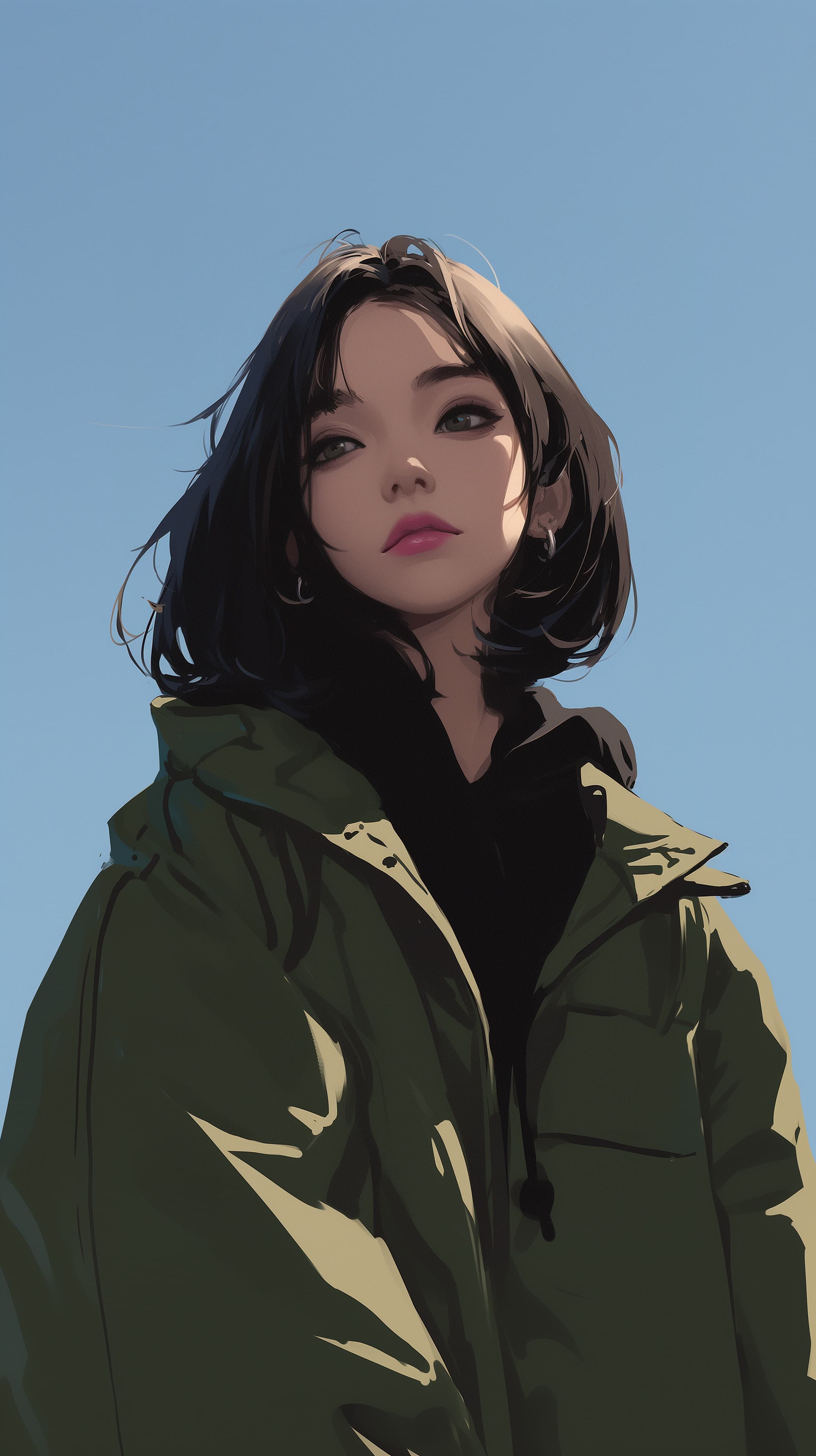 Stylized Outdoor Portrait in Digital Illustration with Jacket - High Resolution blue-sky Wallpaper for Mobile and Desktop