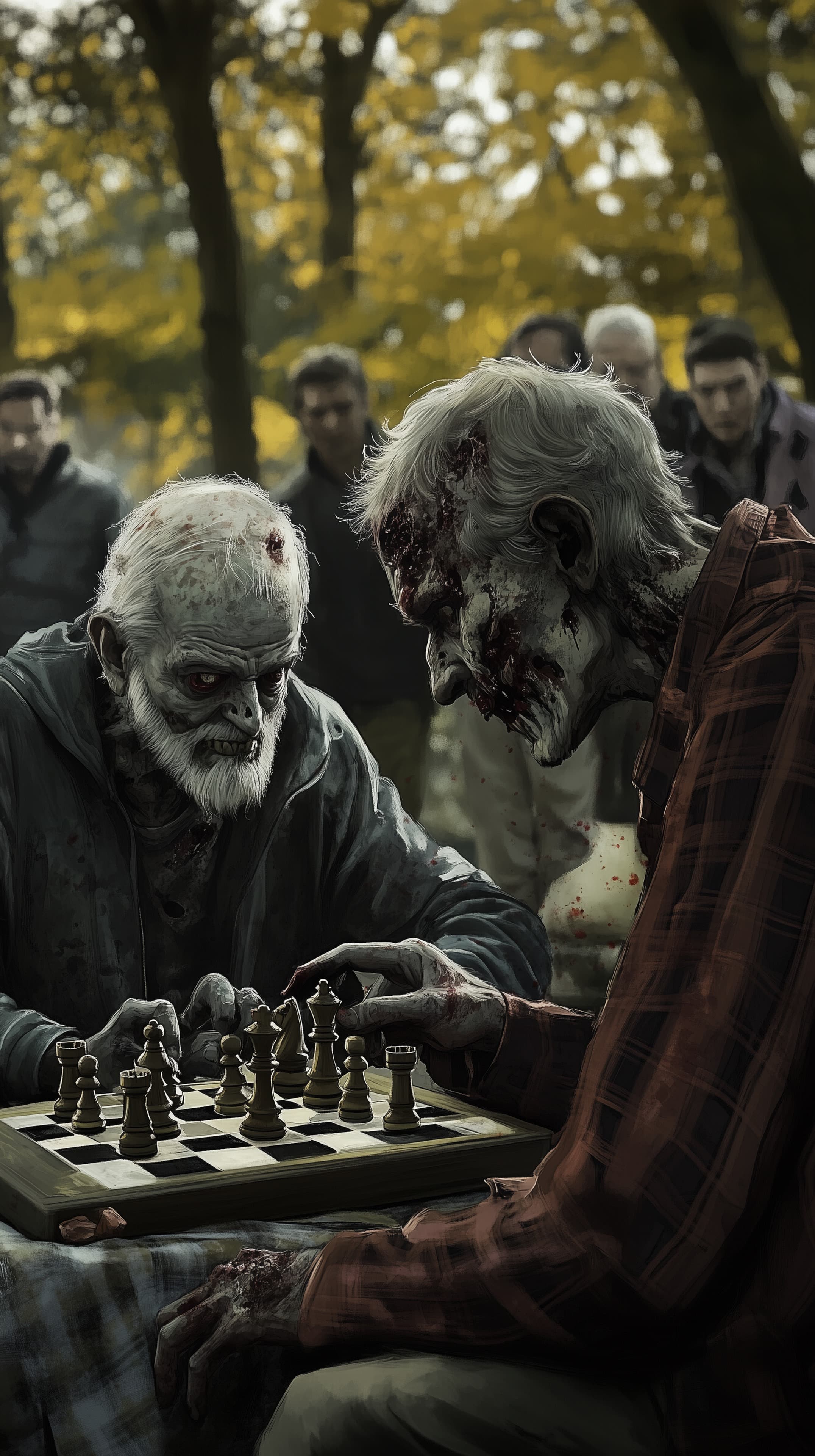 Autumn Park Duel: Eerie Zombies Chess Match in the Leaves - High Resolution autumn Wallpaper for Mobile and Desktop