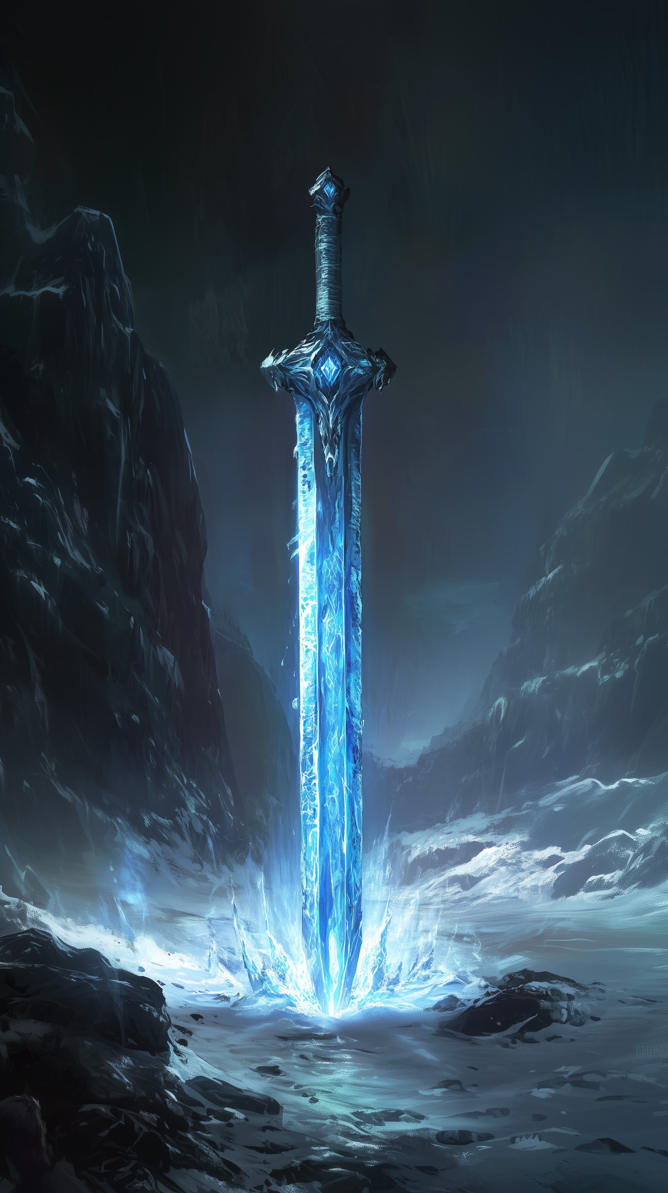 Glowing Blue Ice Sword in an Enchanted Ice Cavern (Wallpaper) - High Resolution blue-glow Wallpaper for Mobile and Desktop