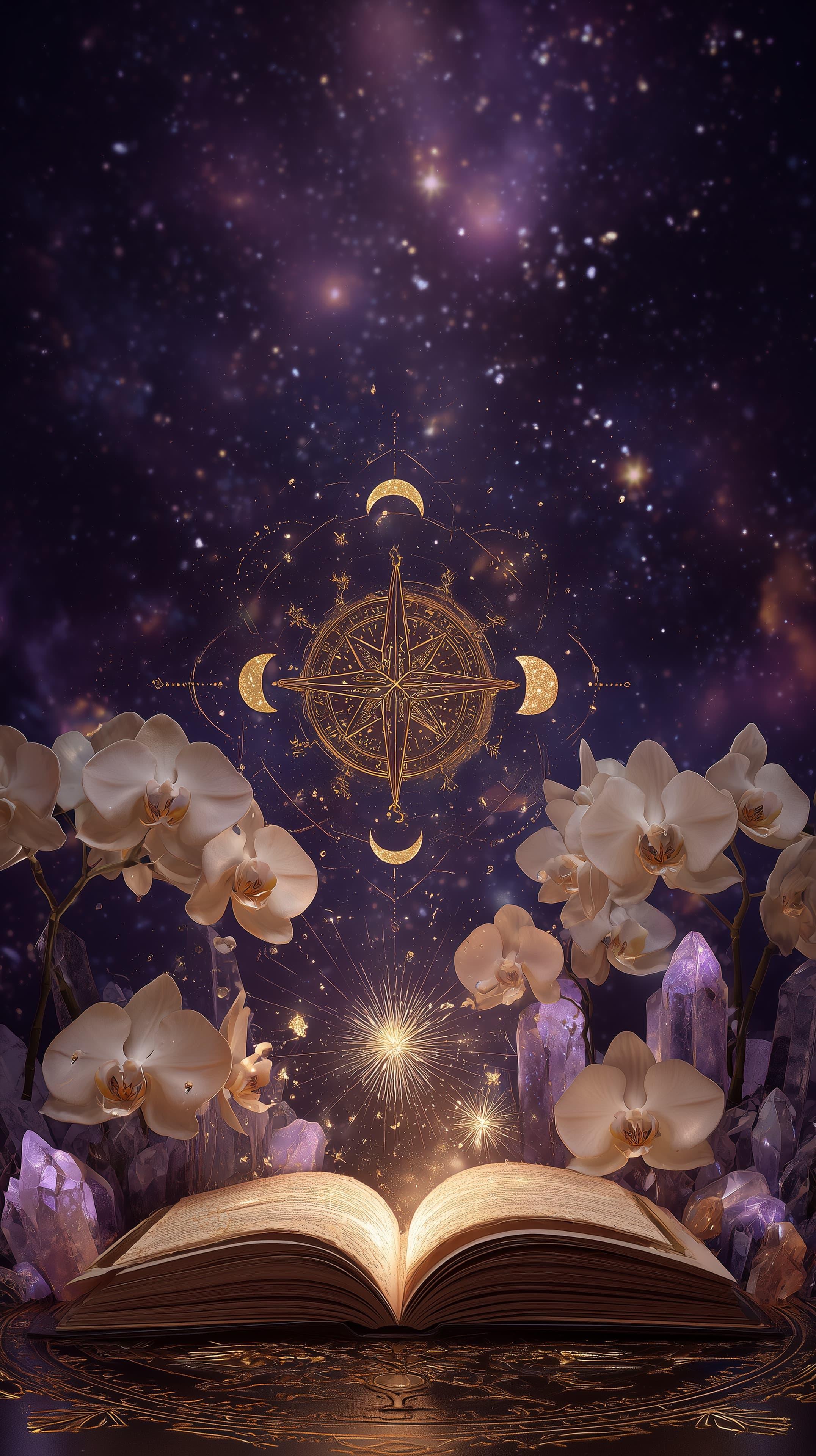 Enchanting Night Sky Wallpaper: Open Book, Orchids & Crystals - High Resolution celestial-motifs Wallpaper for Mobile and Desktop