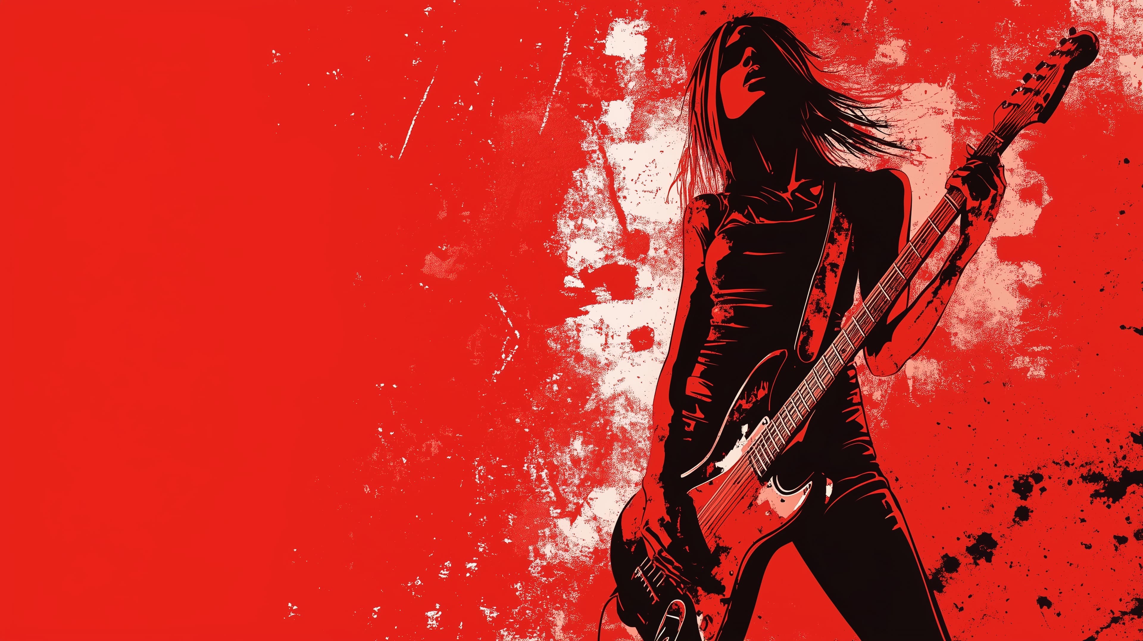 Vibrant Red Silhouette of a Guitarist: Rock Wall Art - High Resolution red-silhouette Wallpaper for Mobile and Desktop