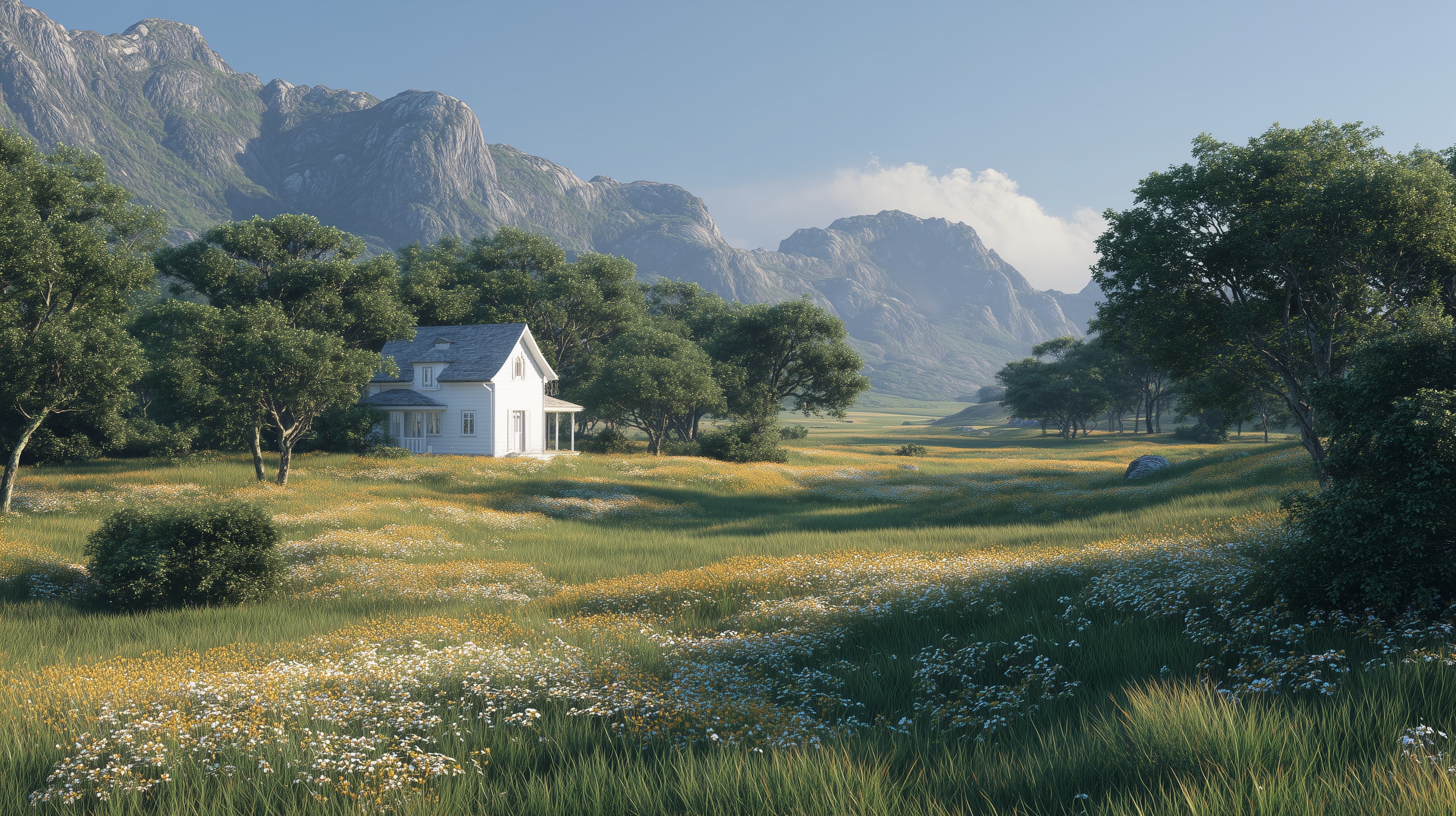 Serene countryside cottage in valley with majestic mountains - High Resolution cottage Wallpaper for Mobile and Desktop