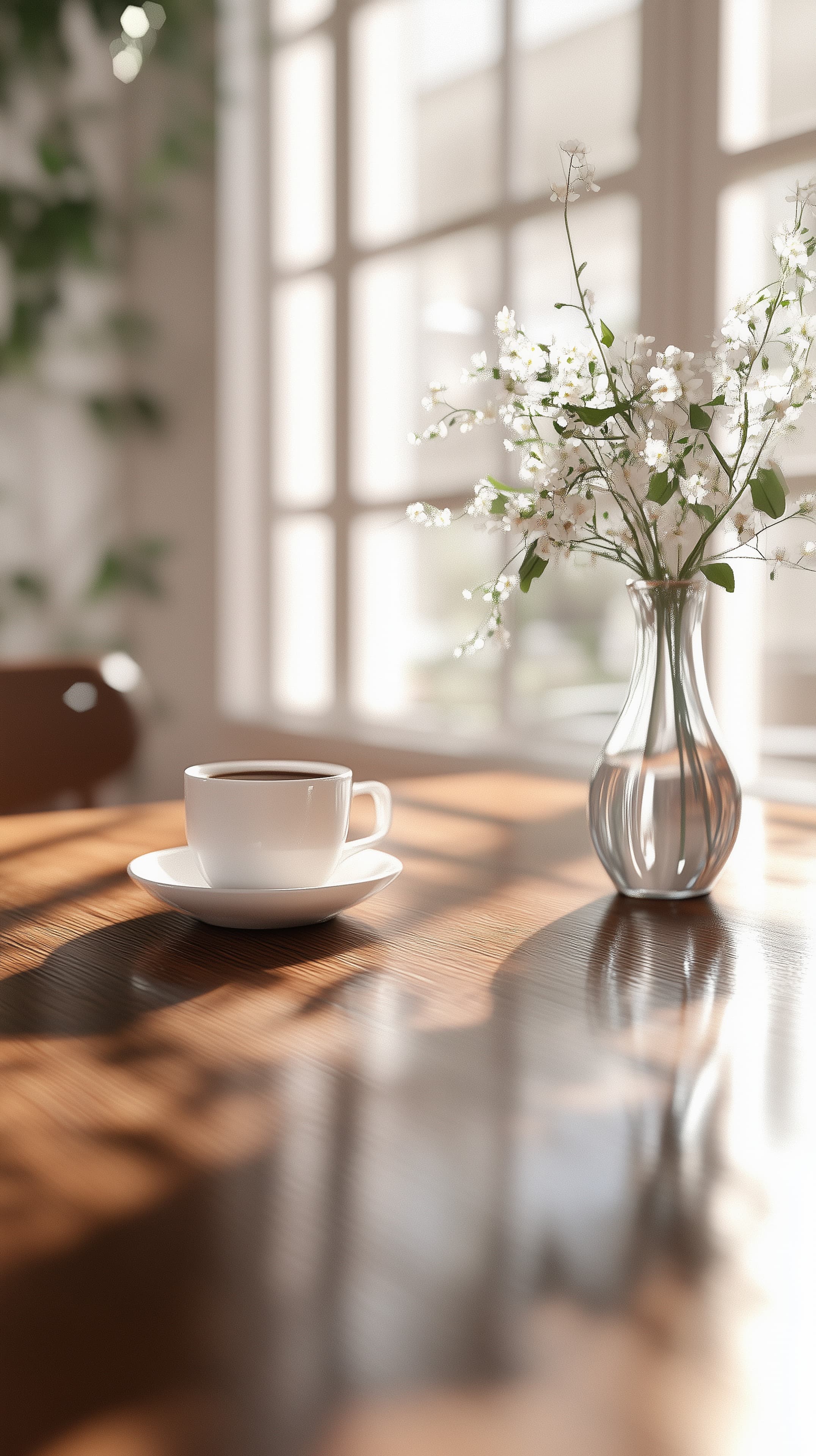 Warm Morning Coffee with Fresh Floral Vase on Sunlit Wood Table - High Resolution coffee-cup Wallpaper for Mobile and Desktop