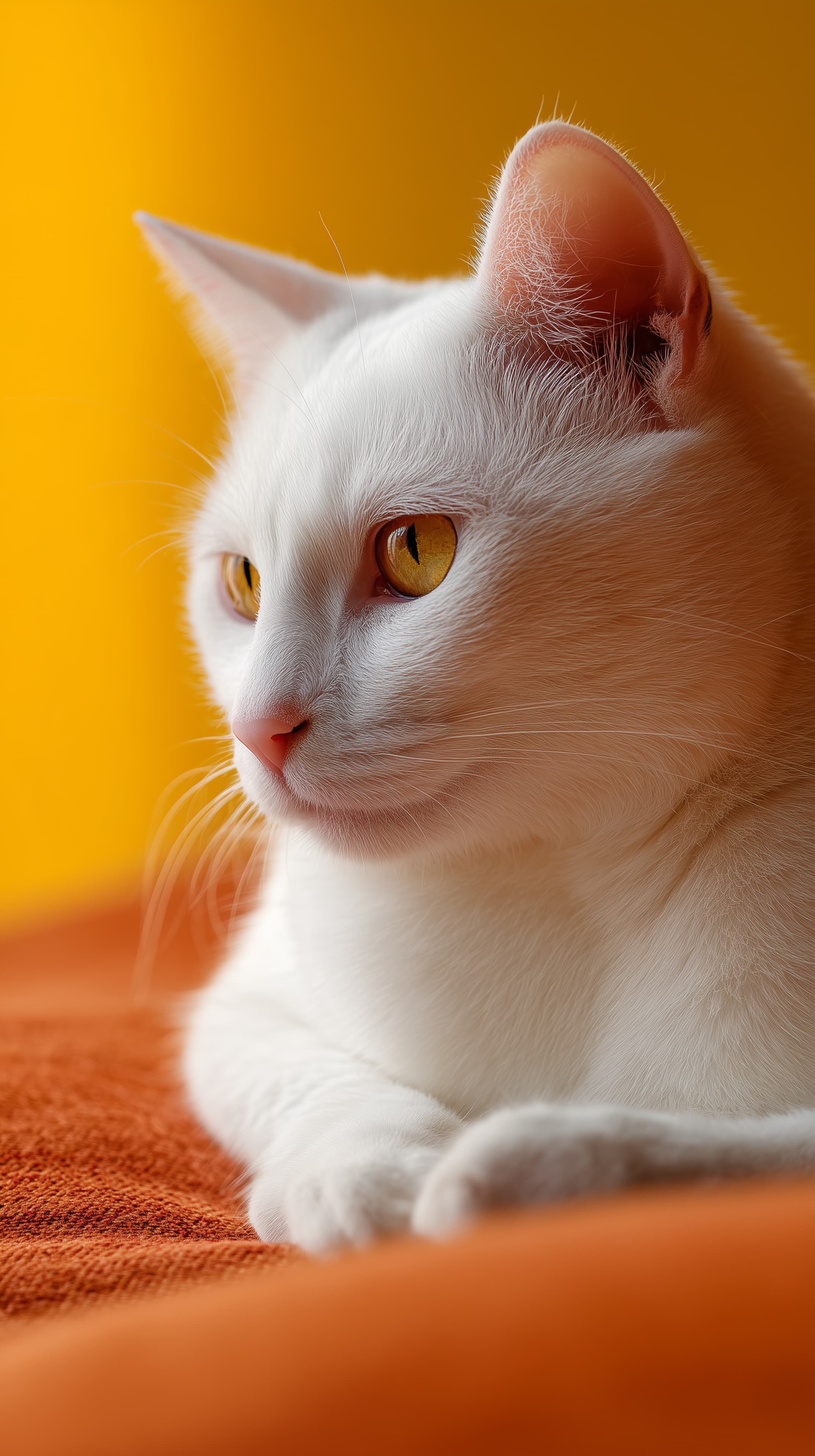 Golden-Eyed White Cat Portrait – Warm Orange Wallpaper - High Resolution amber-eyes Wallpaper for Mobile and Desktop