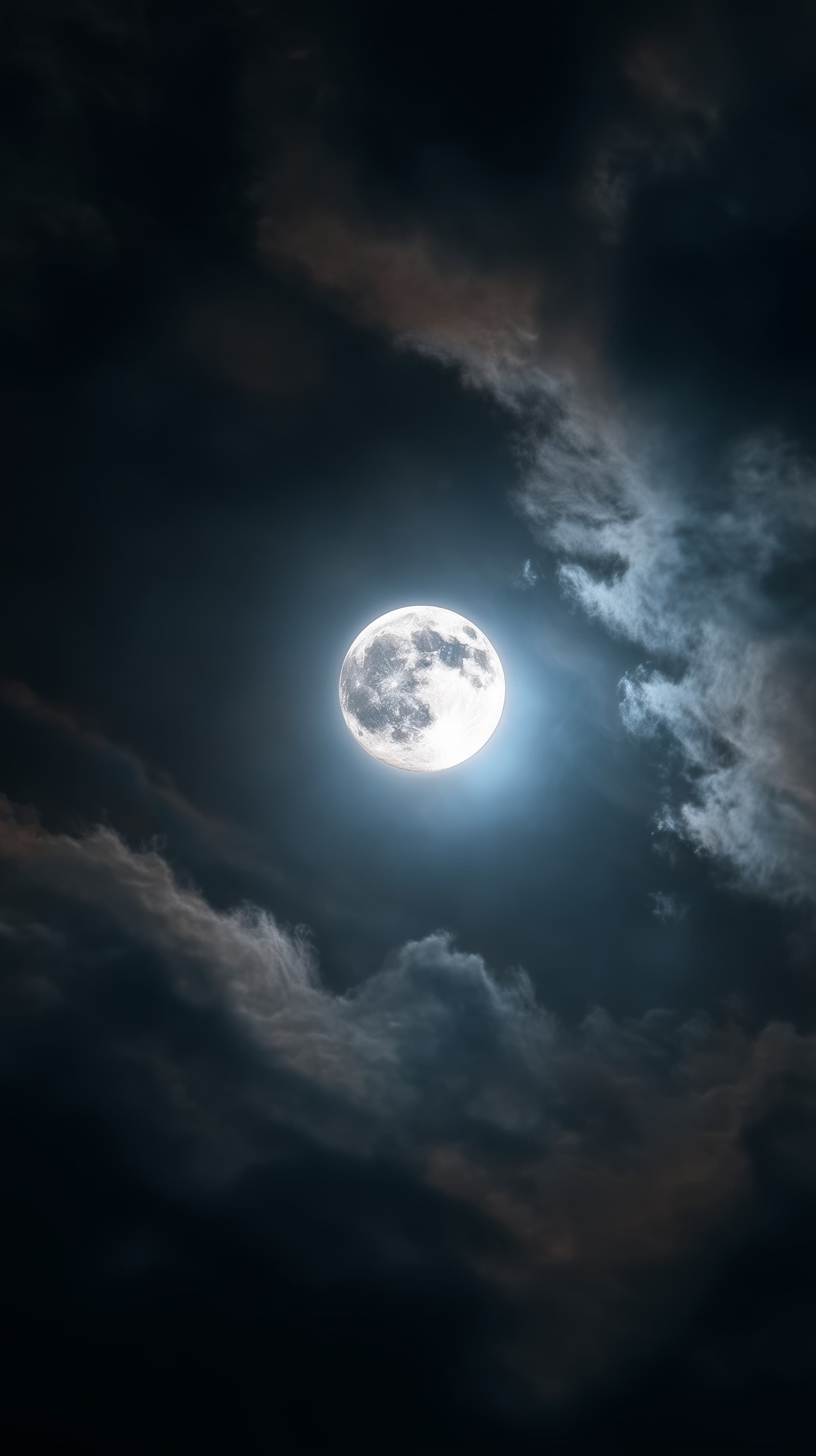 Moonlit Night Scene: Glowing Full Moon Amid Clouds - High Resolution atmospheric Wallpaper for Mobile and Desktop